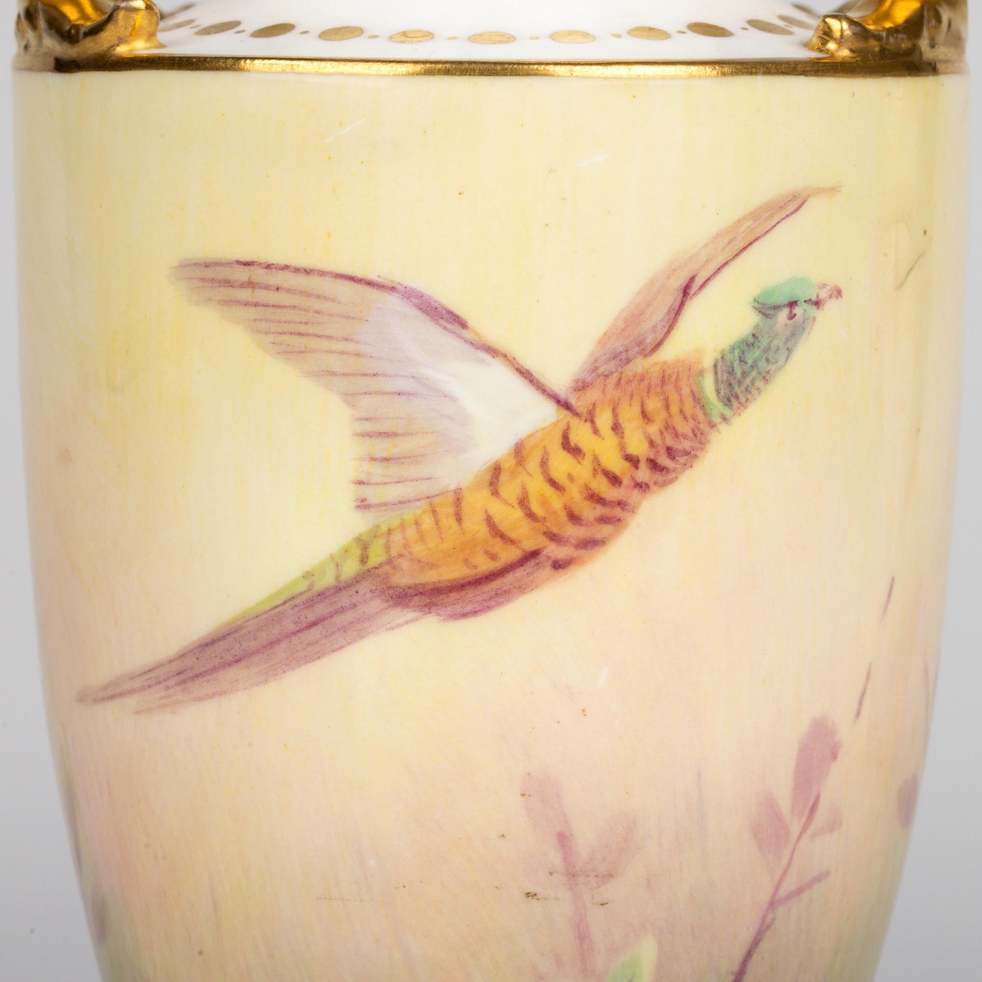 James Edwin Dean for Minton Pair Pheasant Painted Lidded Vases 11