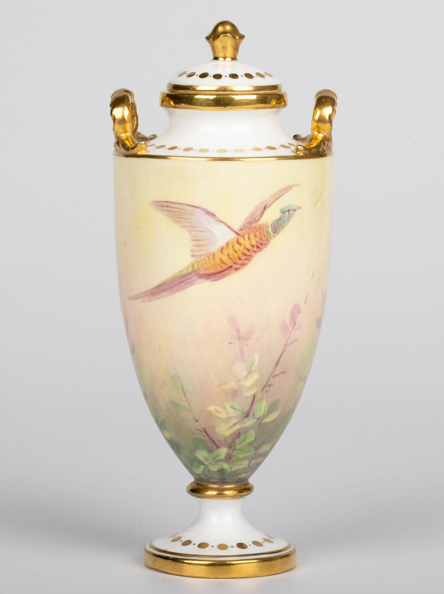 James Edwin Dean for Minton Pair Pheasant Painted Lidded Vases 12