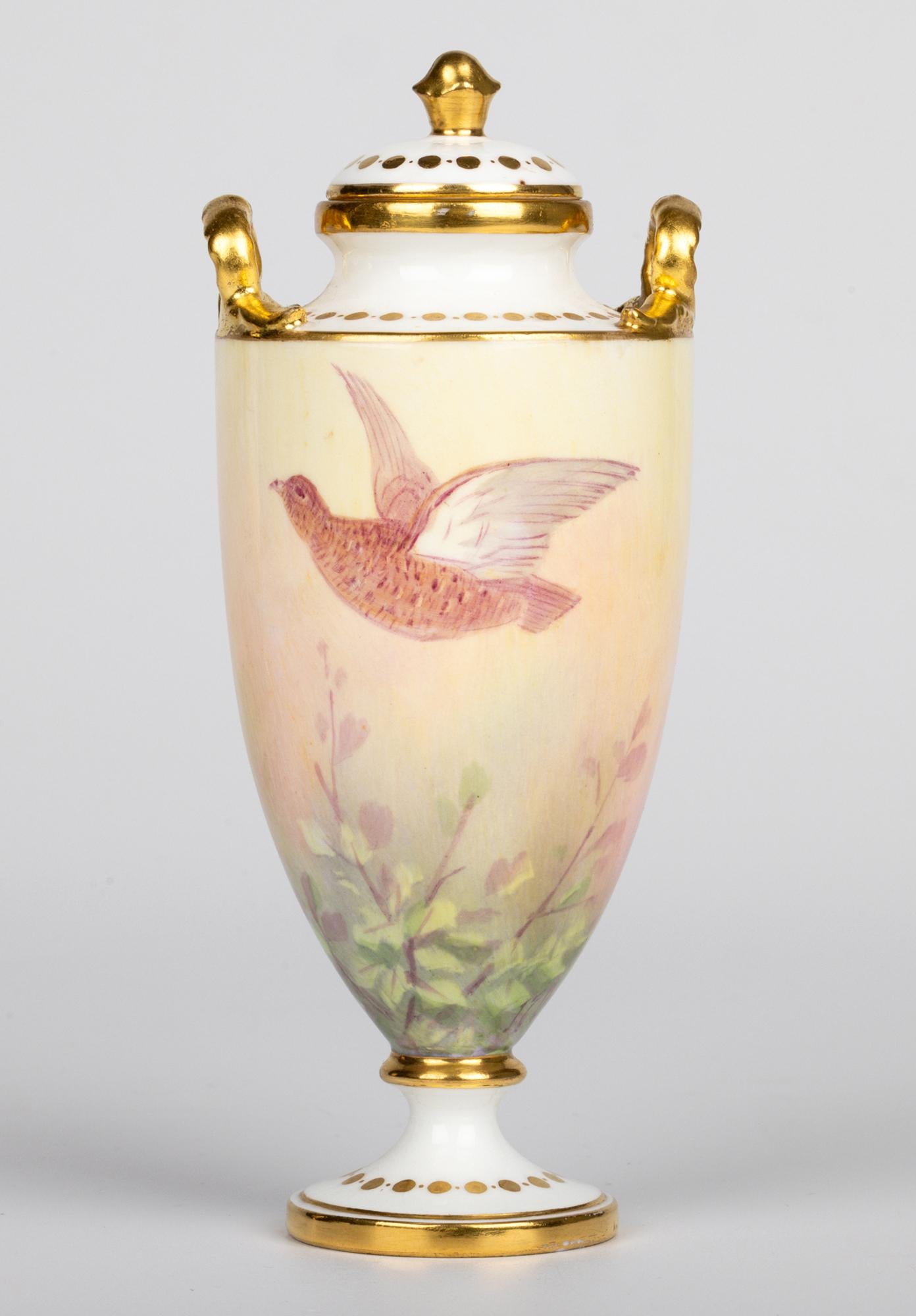 Art Nouveau James Edwin Dean for Minton Pair Pheasant Painted Lidded Vases