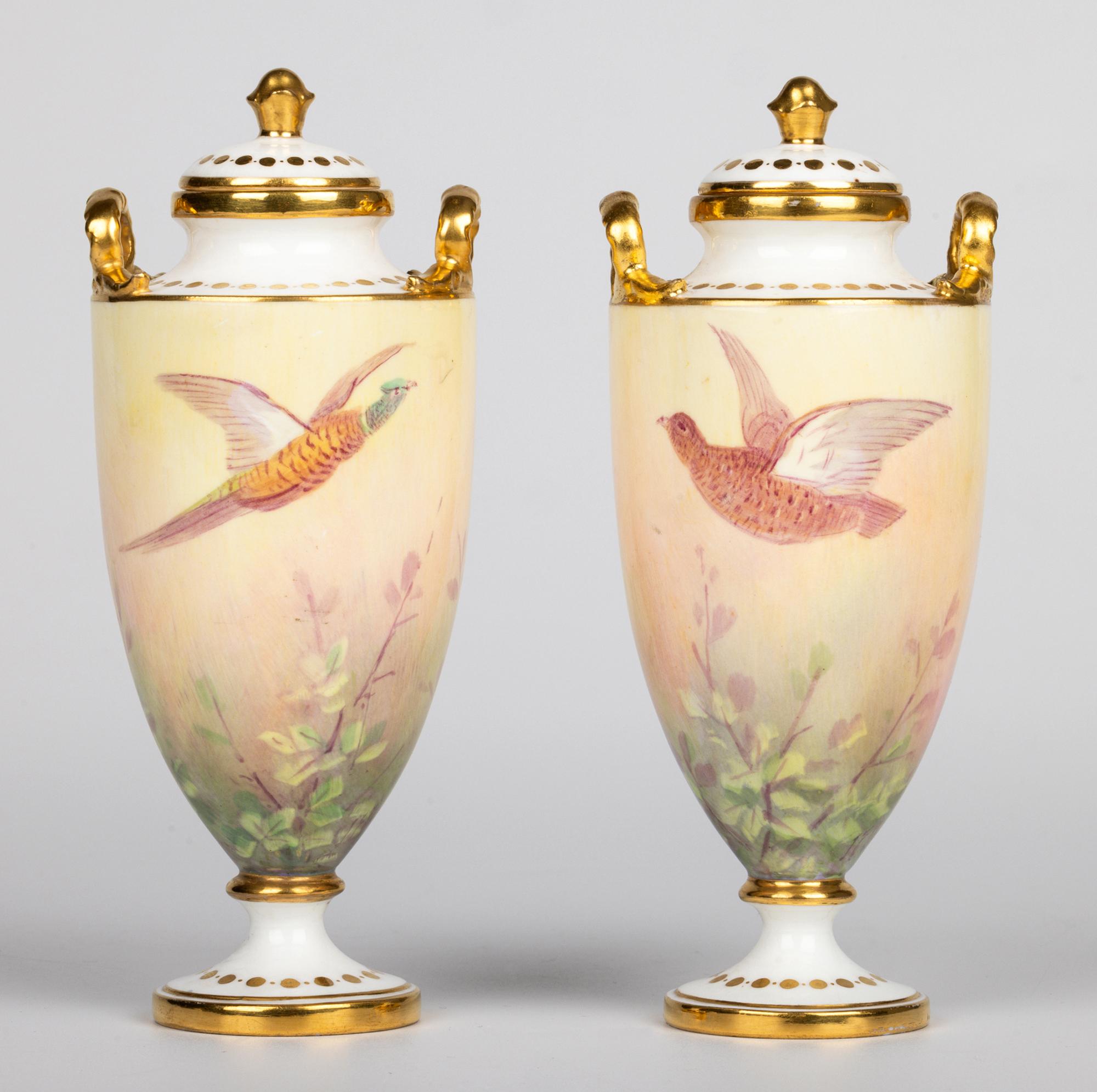 English James Edwin Dean for Minton Pair Pheasant Painted Lidded Vases