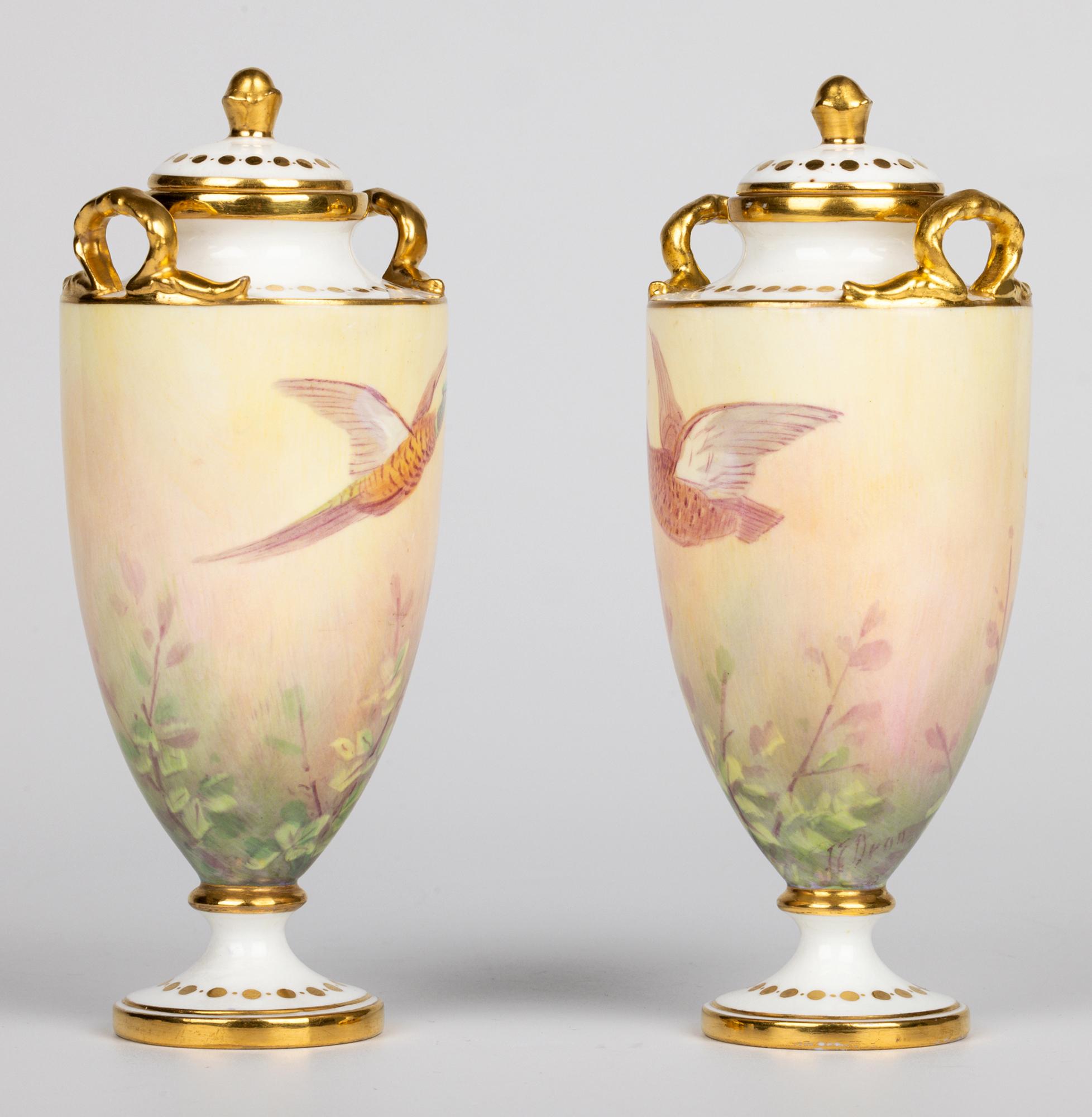 James Edwin Dean for Minton Pair Pheasant Painted Lidded Vases 1