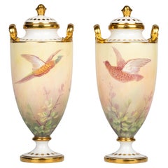 James Edwin Dean for Minton Pair Pheasant Painted Lidded Vases