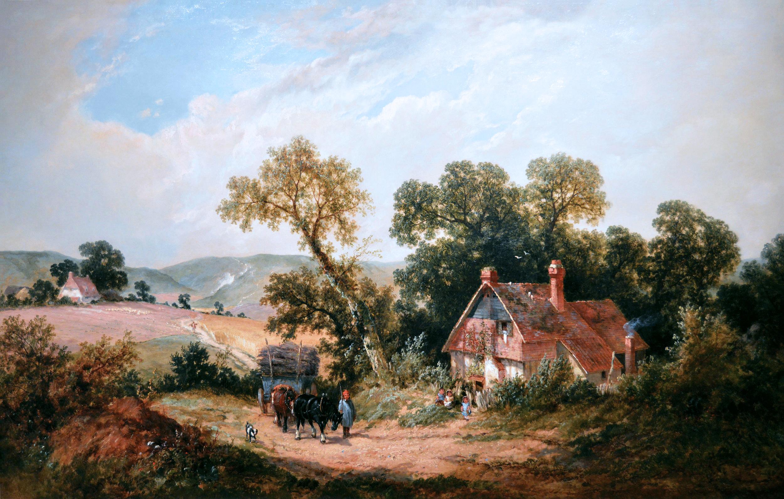 Peinture à l'huile du XIXe siècle représentant un cheval et un chariot sur une piste de campagne - Painting de James Edwin Meadows