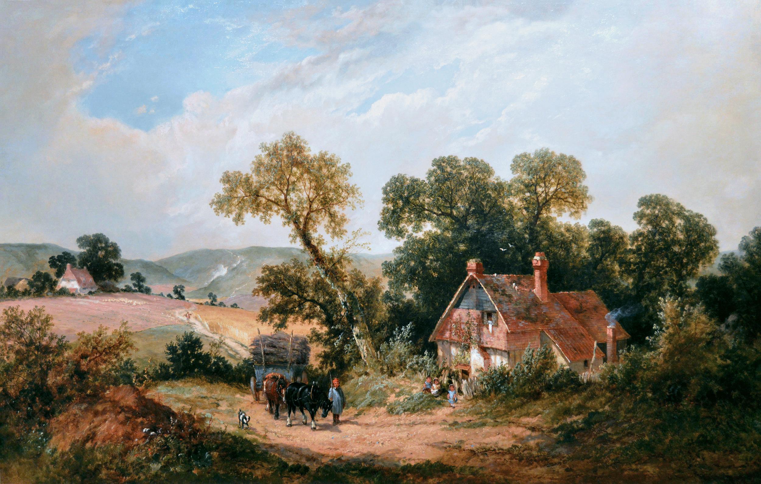 19th Century landscape oil painting of a horse & cart on a country track - Painting by James Edwin Meadows