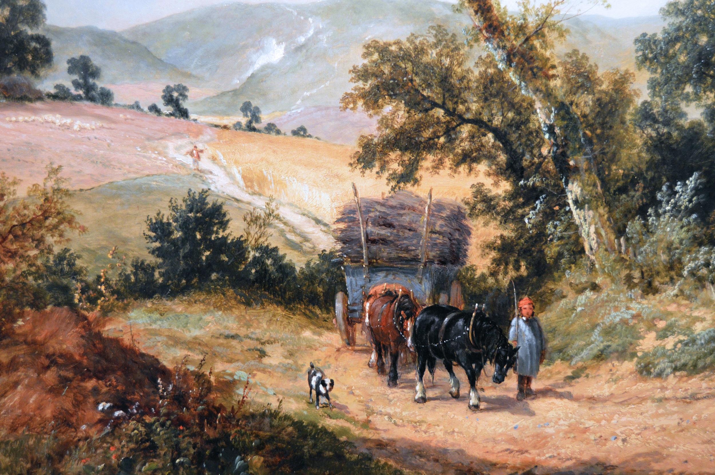 Peinture à l'huile du XIXe siècle représentant un cheval et un chariot sur une piste de campagne - Marron Landscape Painting par James Edwin Meadows