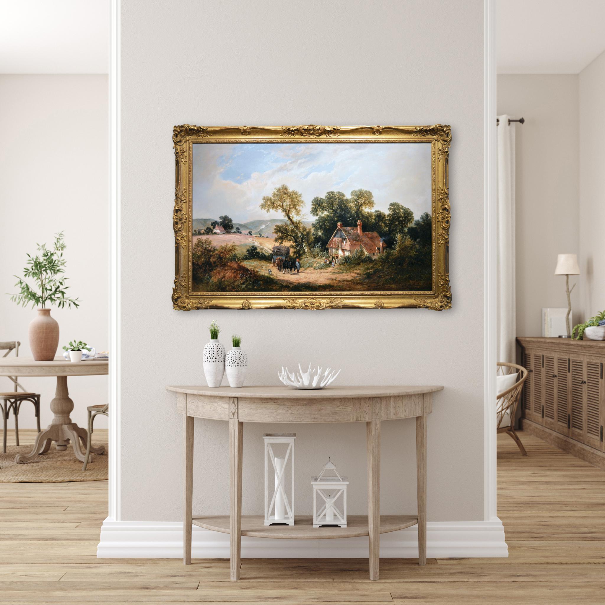 19th Century landscape oil painting of a horse & cart on a country track For Sale 1