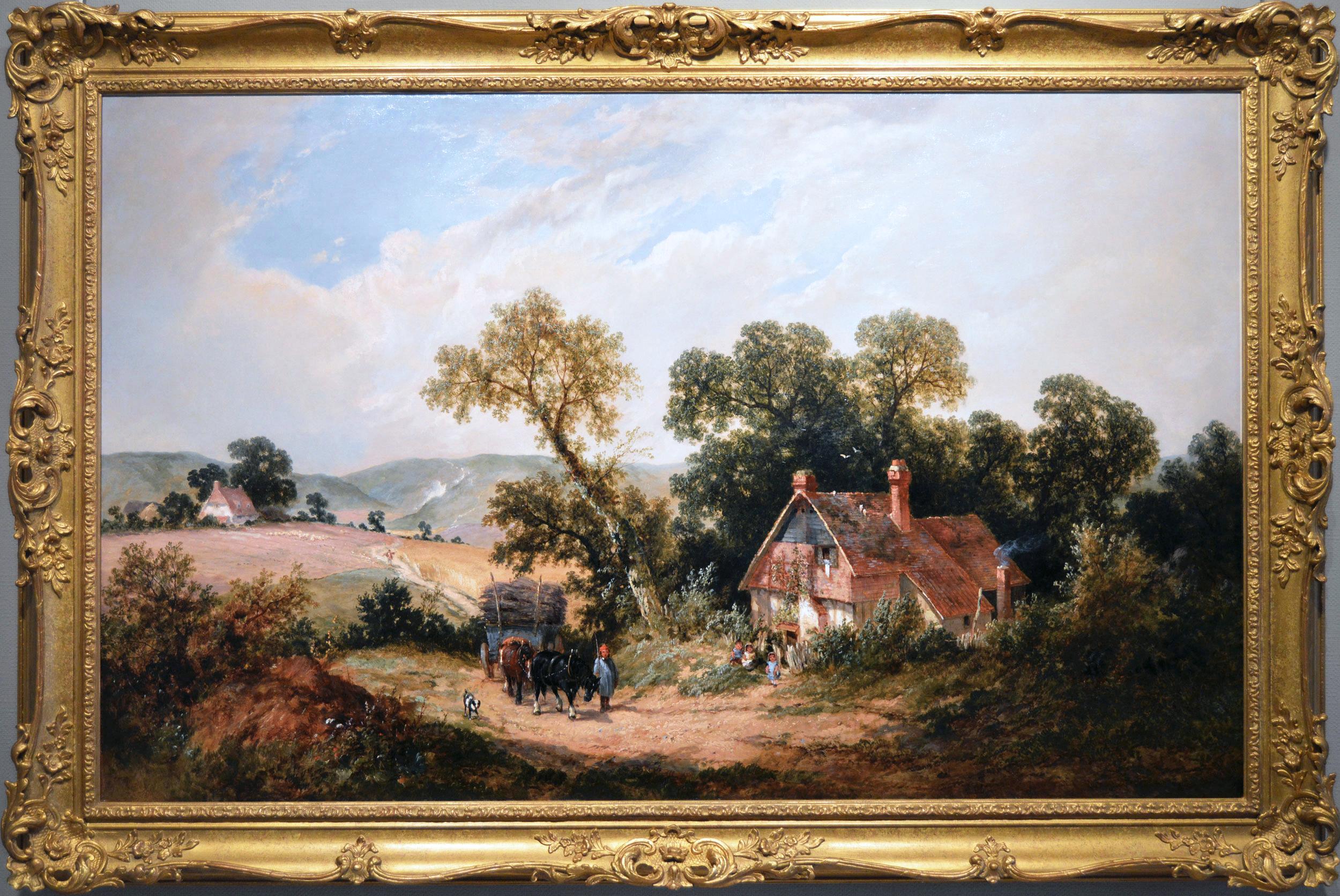19th Century landscape oil painting of a horse & cart on a country track
