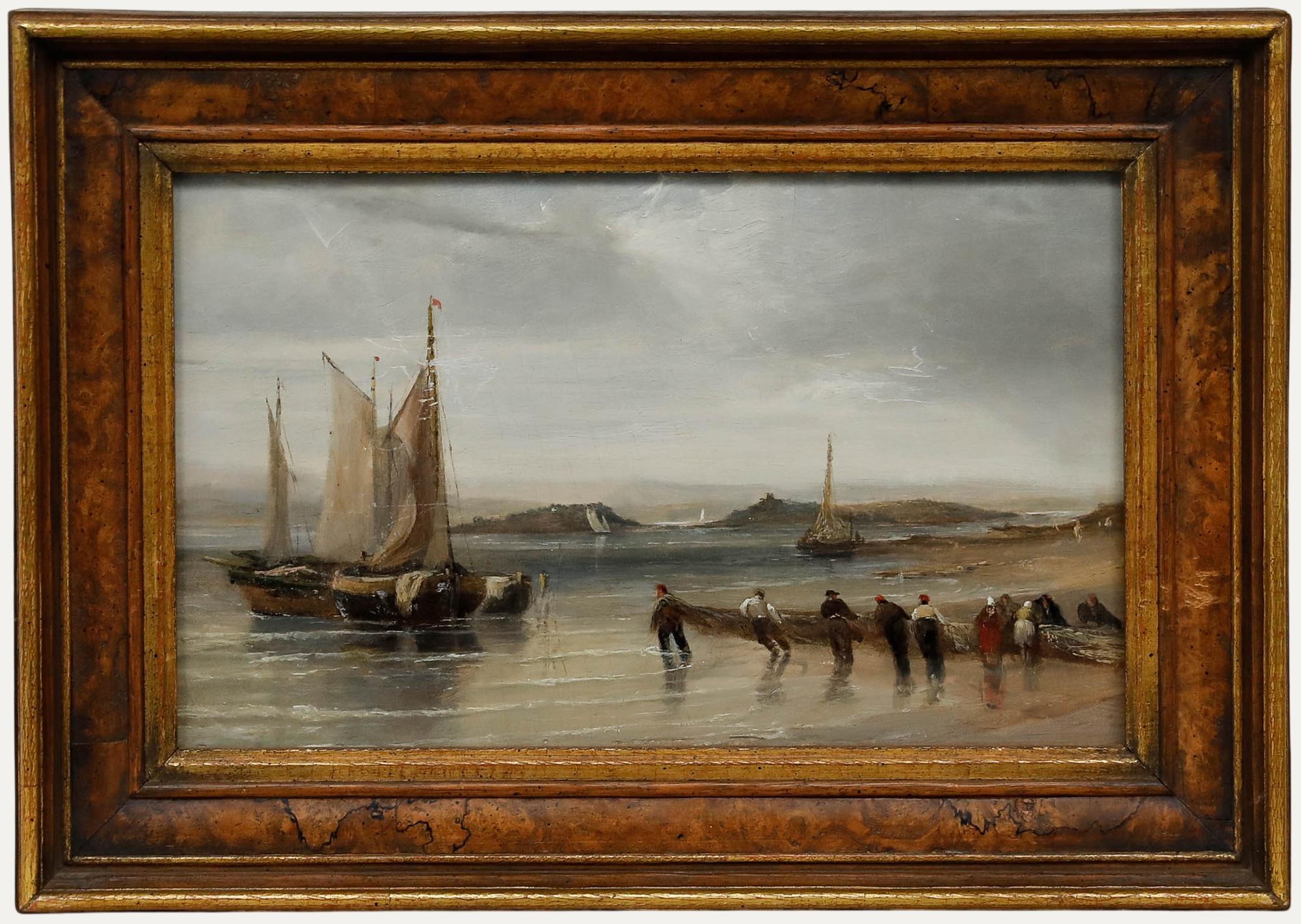Ein stimmungsvolles Seestück aus der Mitte des 19. Jahrhunderts, das James Edwin Meadows (1828-1888) zugeschrieben wird und Fischer zeigt, die von einem kleinen Segelboot aus ein Netz einholen. Sanftes Licht dringt durch graue, düstere Wolken und