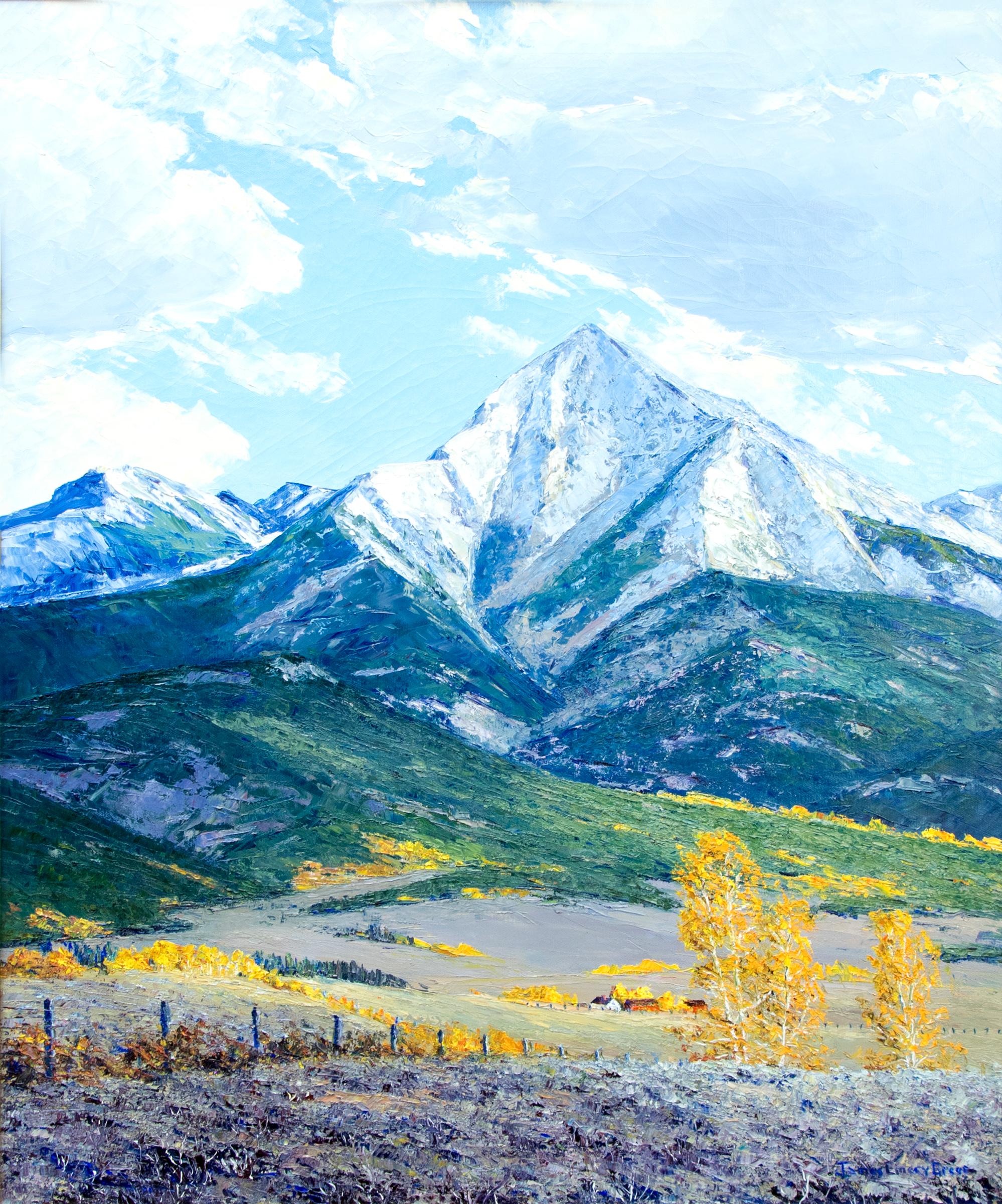 Autumn Comes to Wet Mountain Valley, Colorado Landscape, Snow, Blue Green Yellow - Painting by James Emery Greer