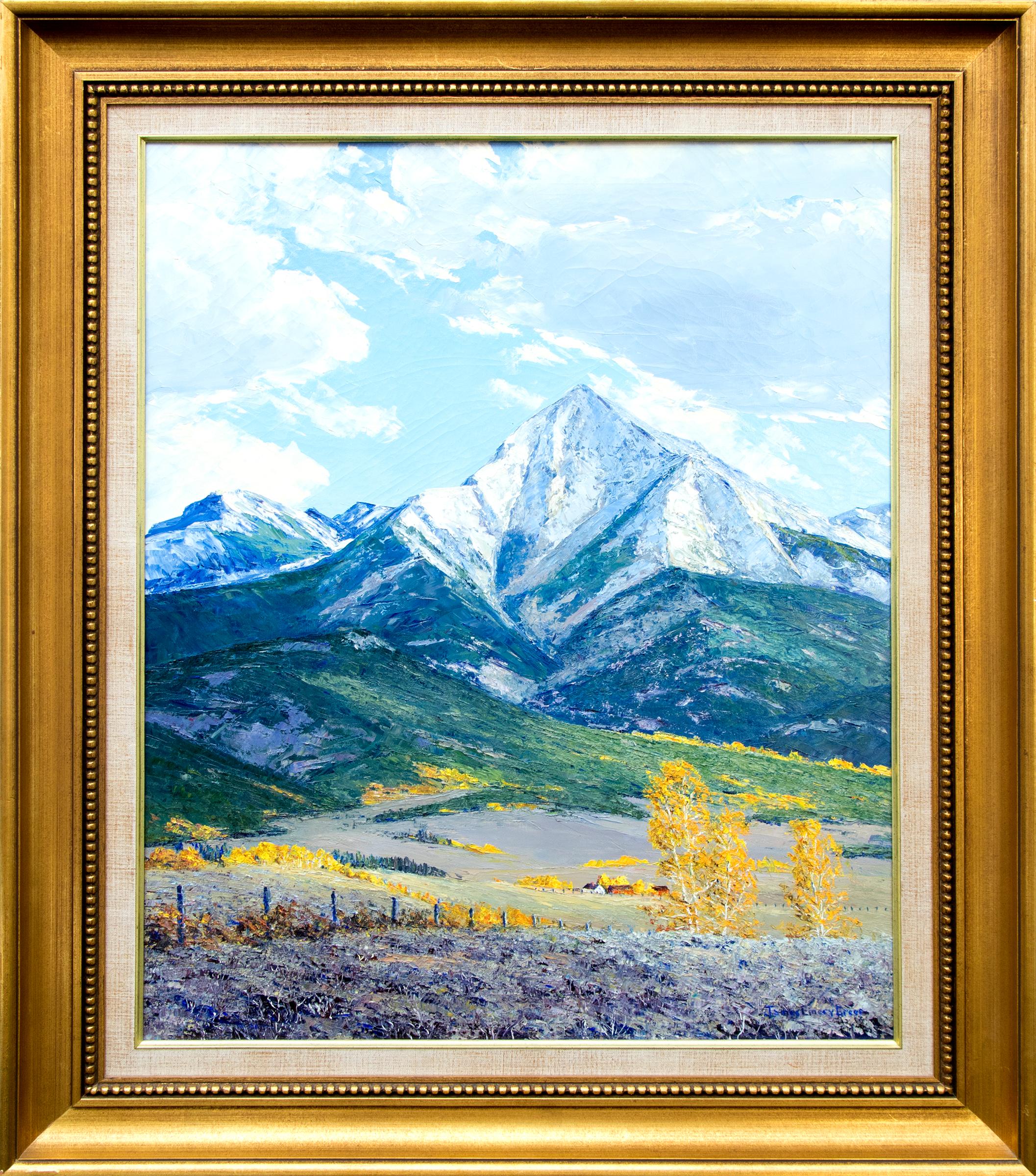 James Emery Greer Landscape Painting - Autumn Comes to Wet Mountain Valley, Colorado Landscape, Snow, Blue Green Yellow