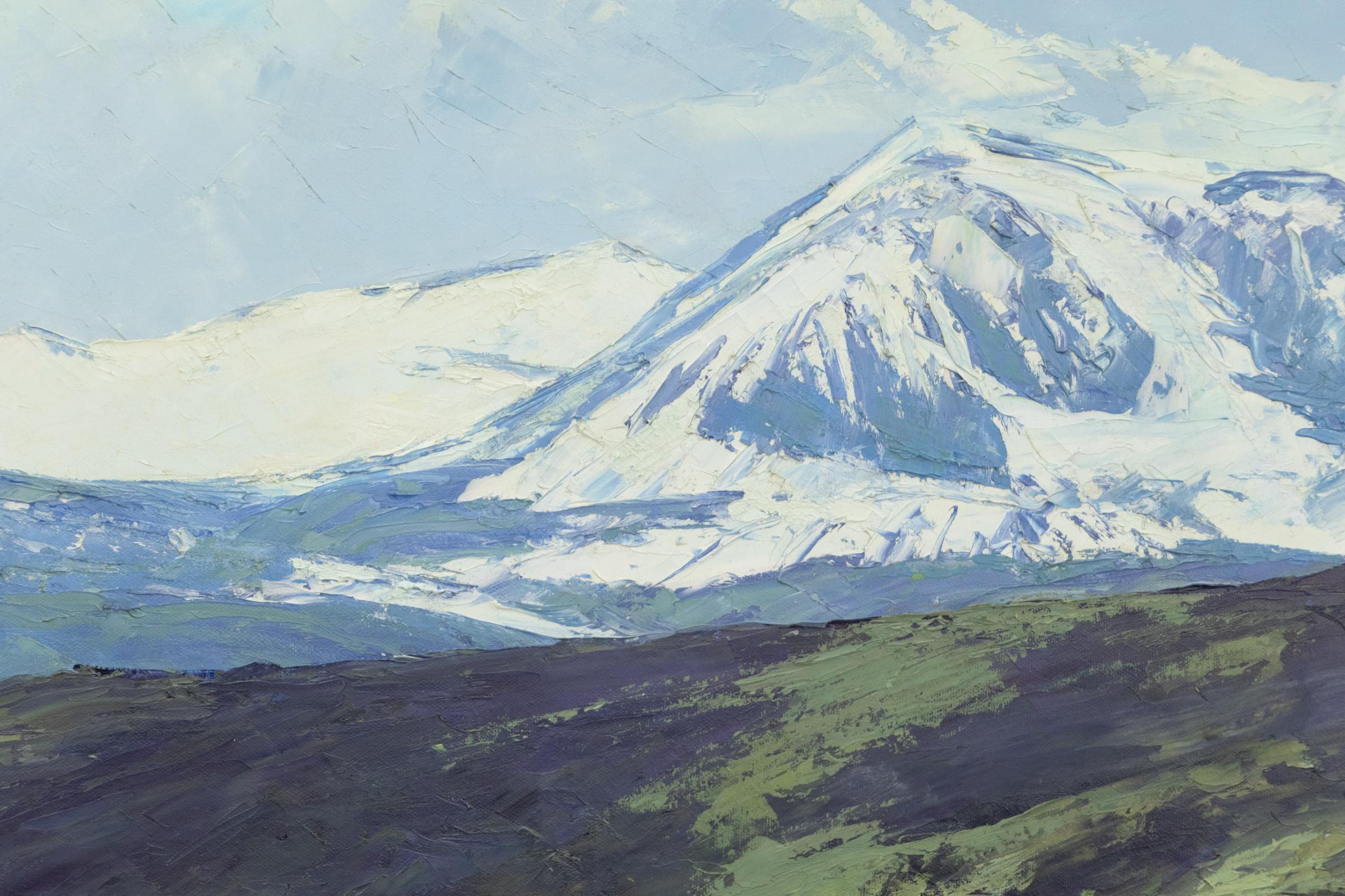 Immerse yourself in the breathtaking beauty of the Rocky Mountains with Lush Grazing, North Park, an original oil painting by renowned landscape artist James Emery Greer, created in the 1980s. This stunning painterly scene captures a vast, verdant