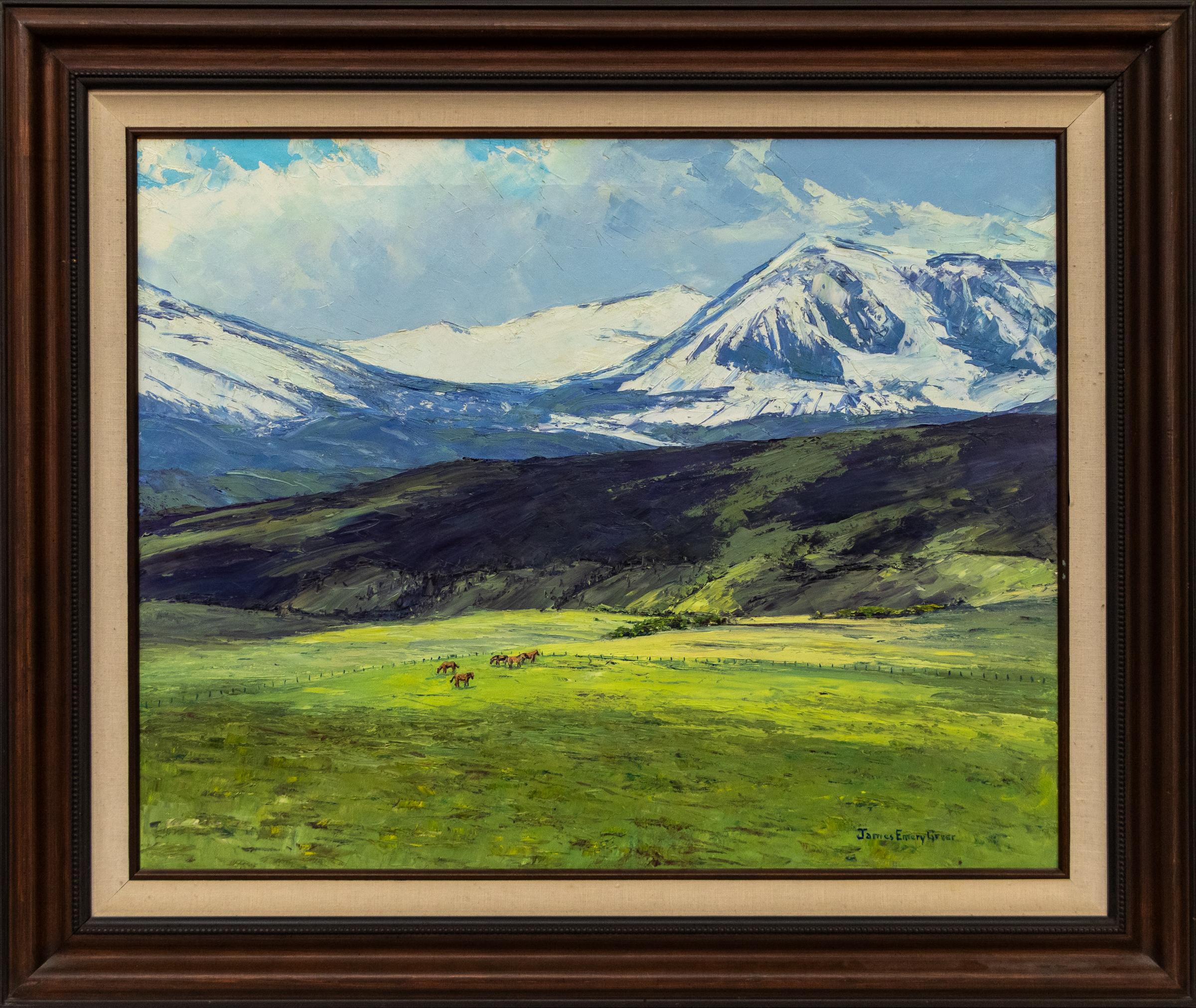 Lush Grazing, North Park (Colorado) Rocky Mountain Landscape Oil Painting - Gray Landscape Painting by James Emery Greer