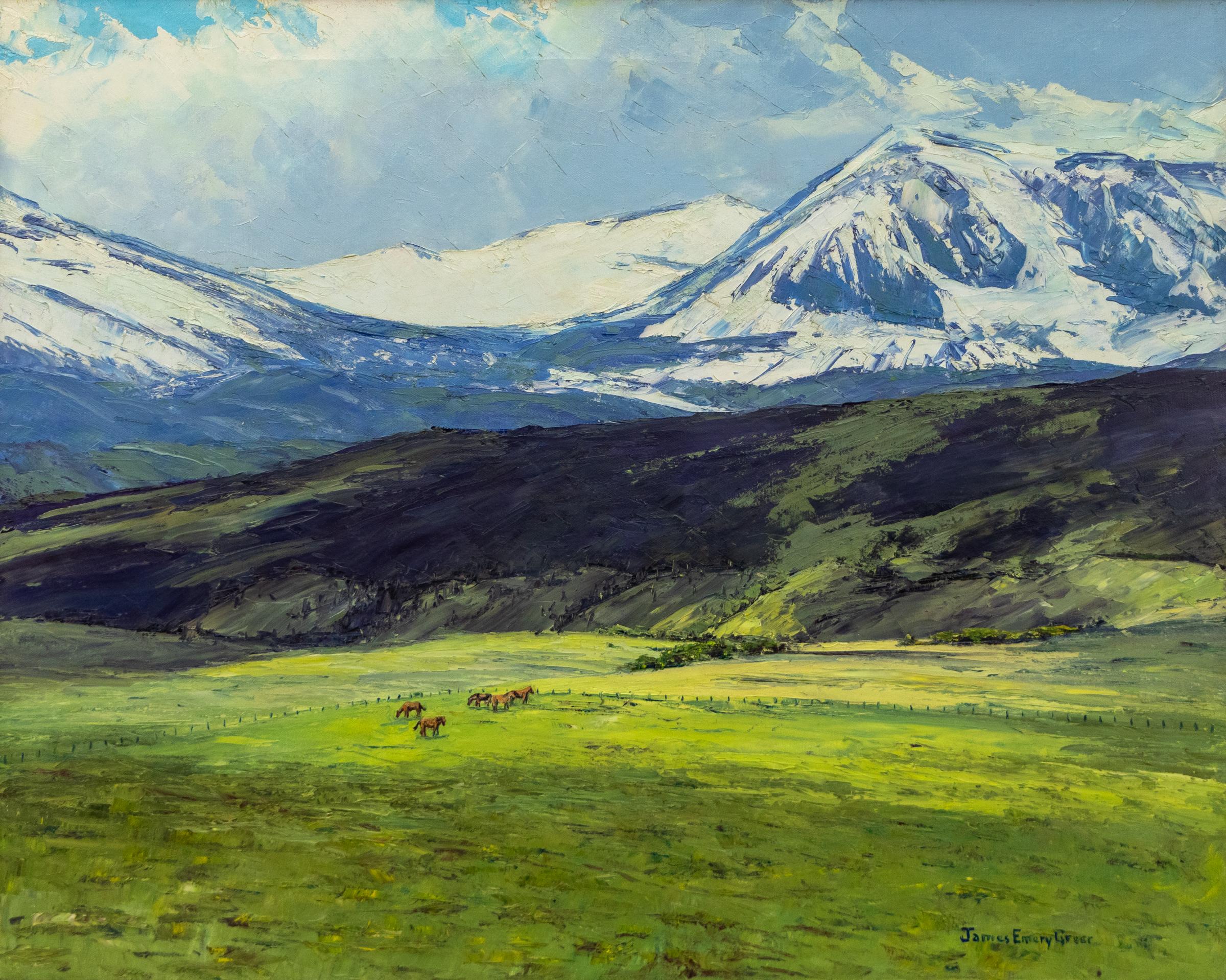 James Emery Greer Landscape Painting - Lush Grazing, North Park (Colorado) Rocky Mountain Landscape Oil Painting