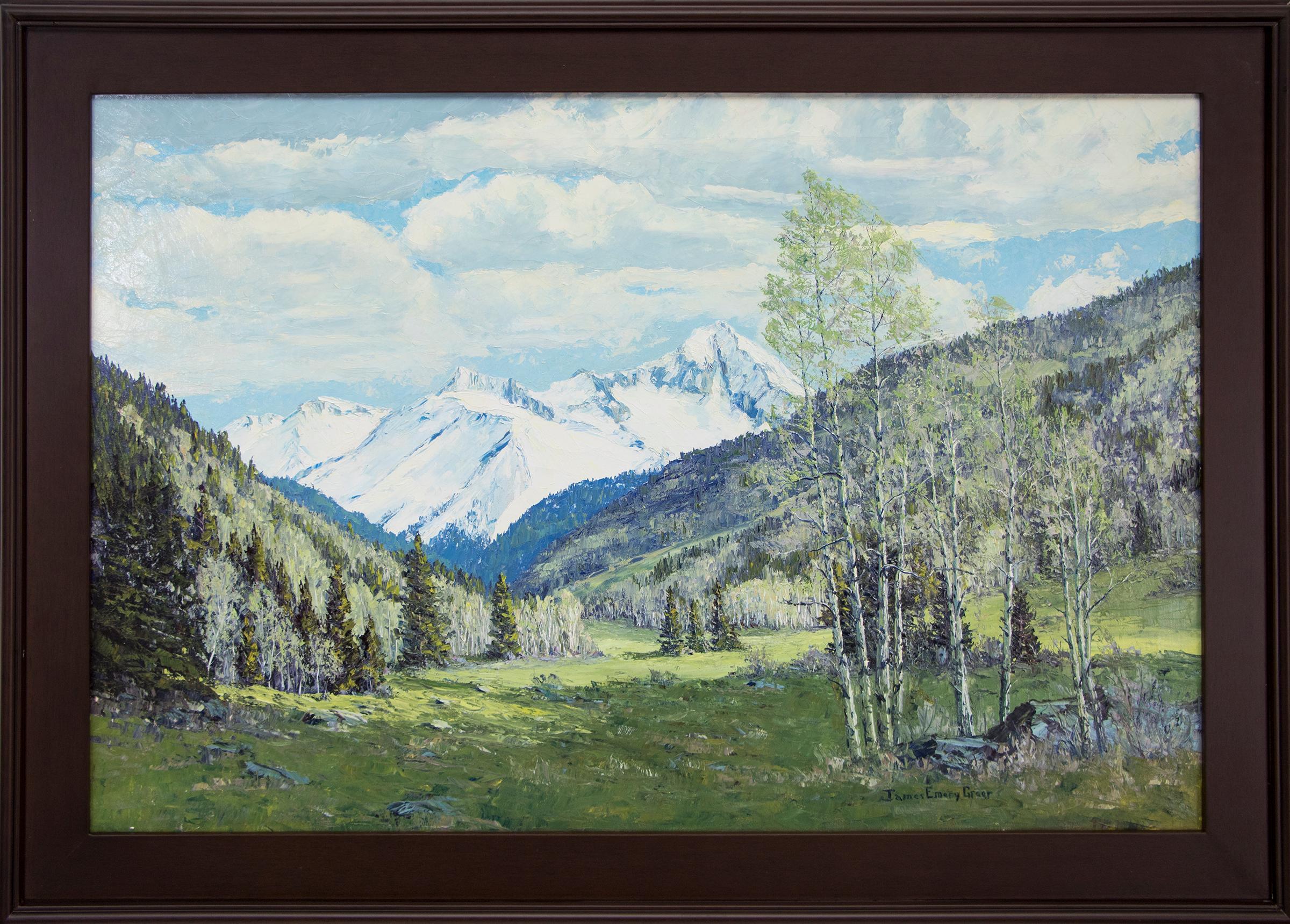 James Emery Greer Landscape Painting – Rene Renewal - Grizzly Peak San Juans (Farbenfrohe Berglandschaft im Frühling)