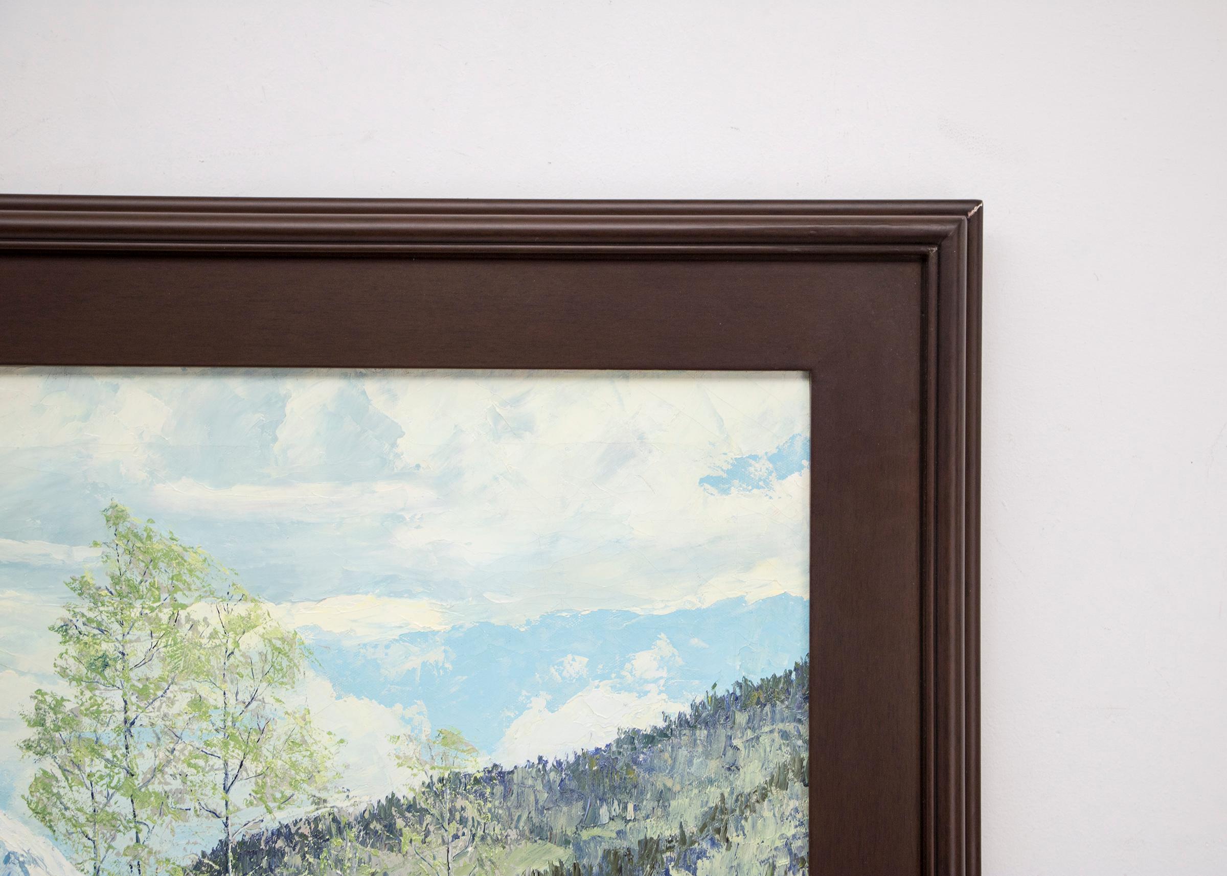 Original signiertes gerahmtes Ölgemälde im Vintage-Stil von James Emery Greer (1903-1990):: „Renewal - Grizzly Peak San Juans“:: ein Berglandschaftsgemälde aus Colorado mit grünem Gras und neuen Knospen auf den Aspenbäumen:: Evergreen-Bäumen und