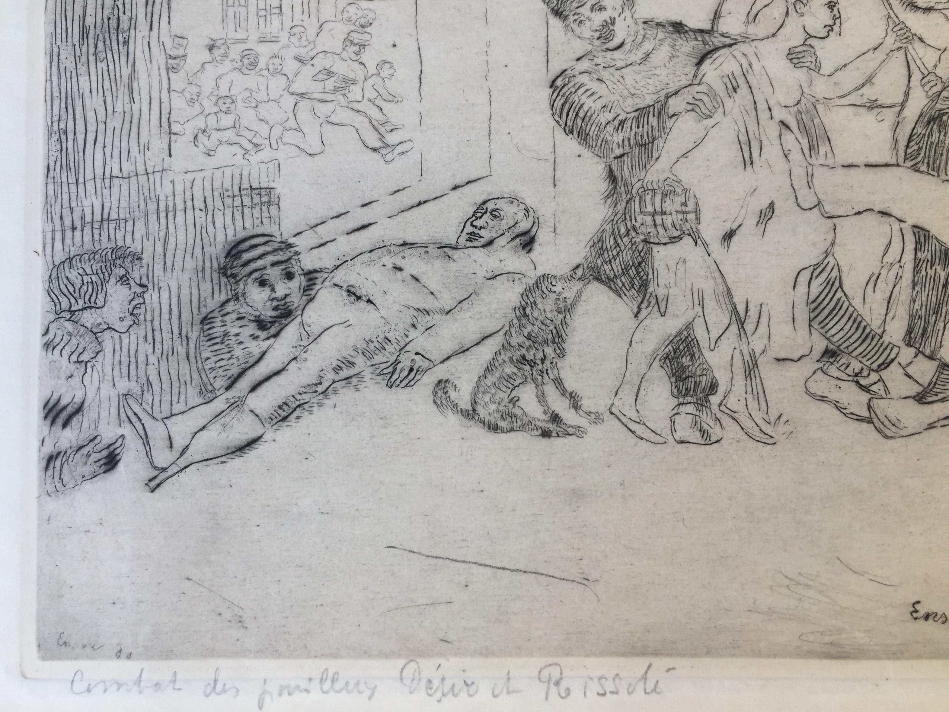 JAMES ENSOR (1860-1949)
LE COMBAT DES POUILLEUX DESIR ET RISSOLE 
aka - BATTLE OF THE DOWN AND OUTS  1888 (D, C, T, E, 19 ii/ii)
Etching and drypoint, signed and countersigned on verso. 9 3/8 x11 3/8”. Very good impression with plate tone. On the