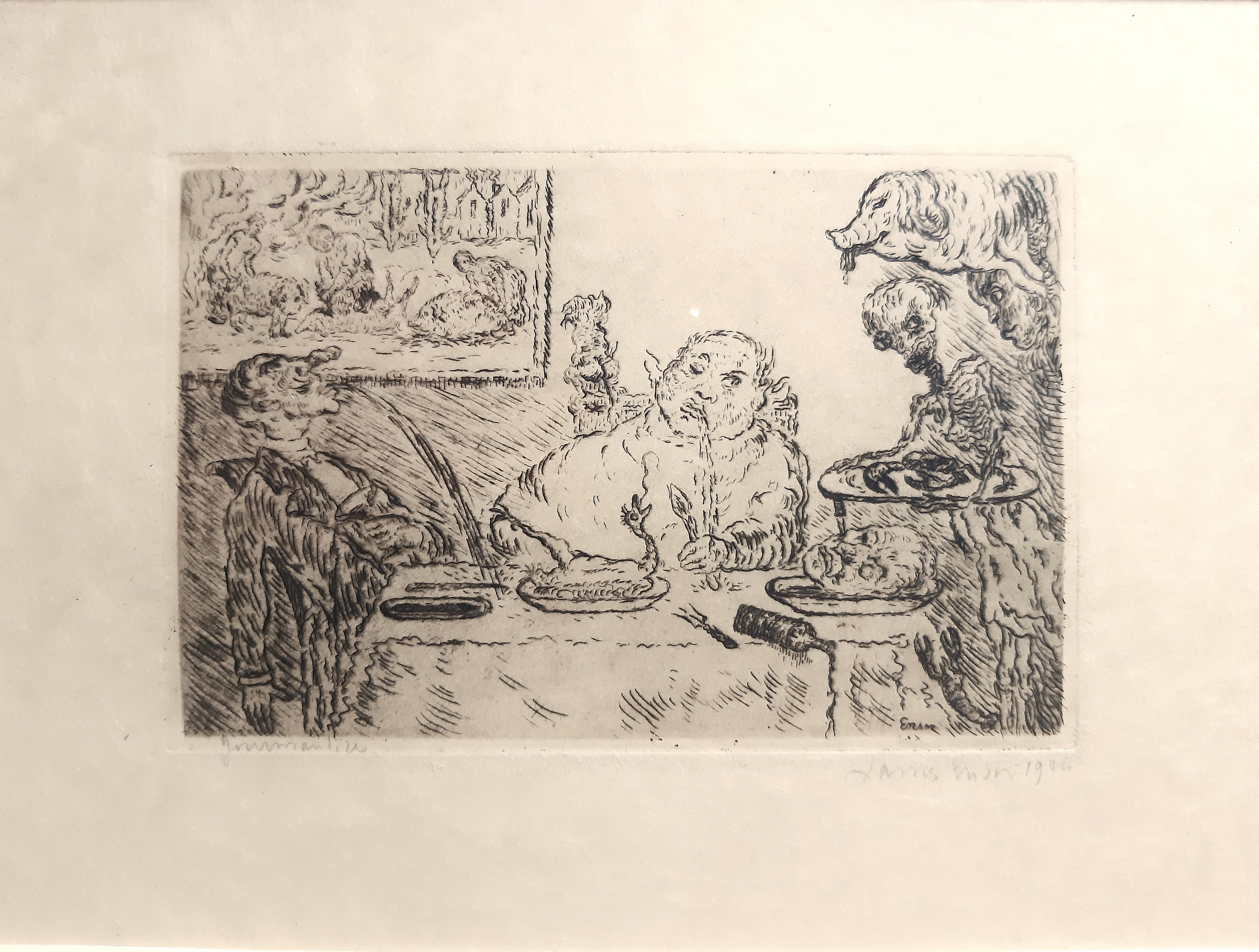 Gluttony (La Gourmandise) ist eine Original-Radierung auf dem japanischen Papier, realisiert von James Ensor im Jahr 1904, signiert und datiert mit der zweiten Signatur und Titel auf der Rückseite, 2. Zustand auf 2.

Unter guten Bedingungen war es