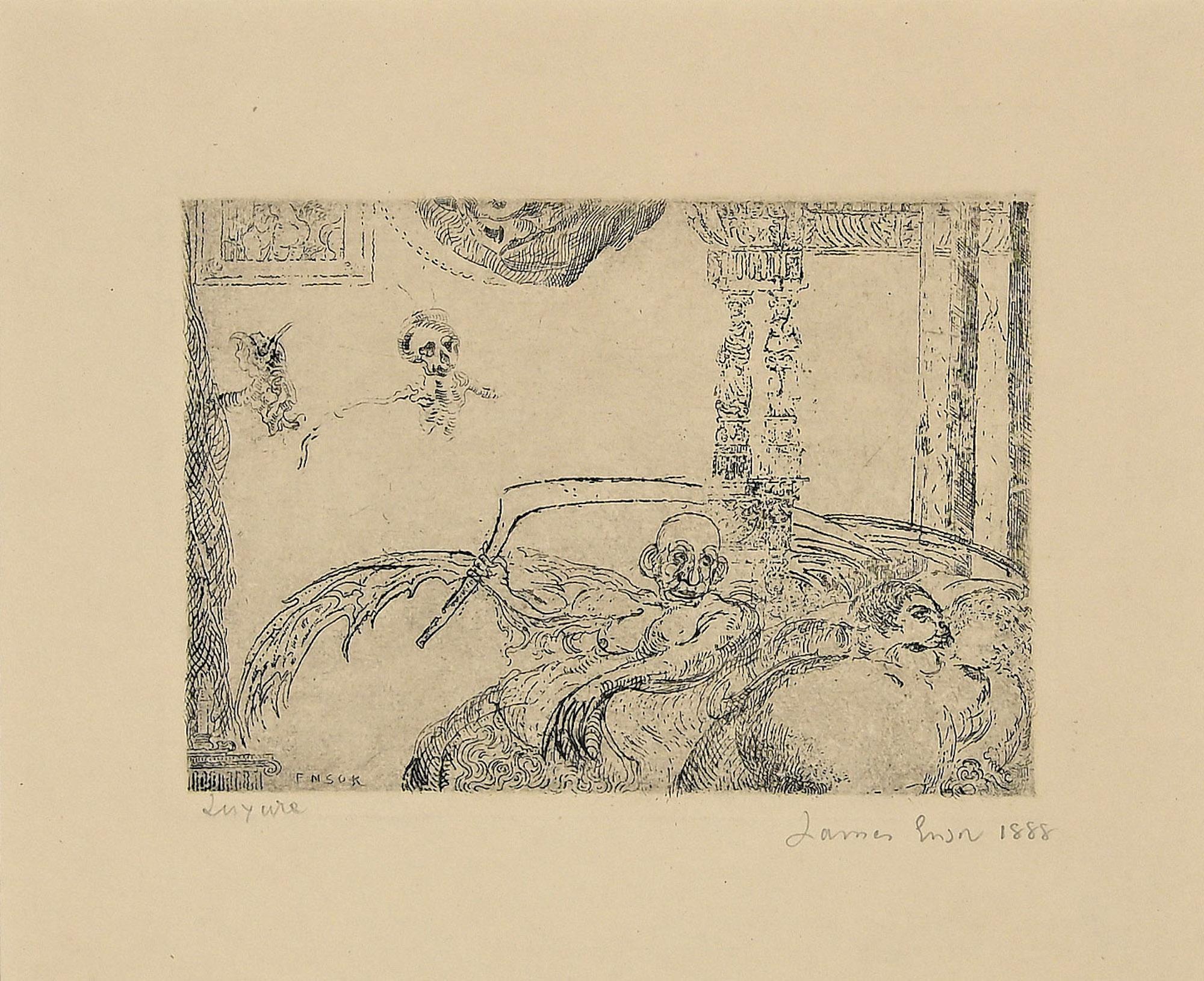 James Ensor Figurative Print - La Luxure - Etching by J. Ensor - 1888