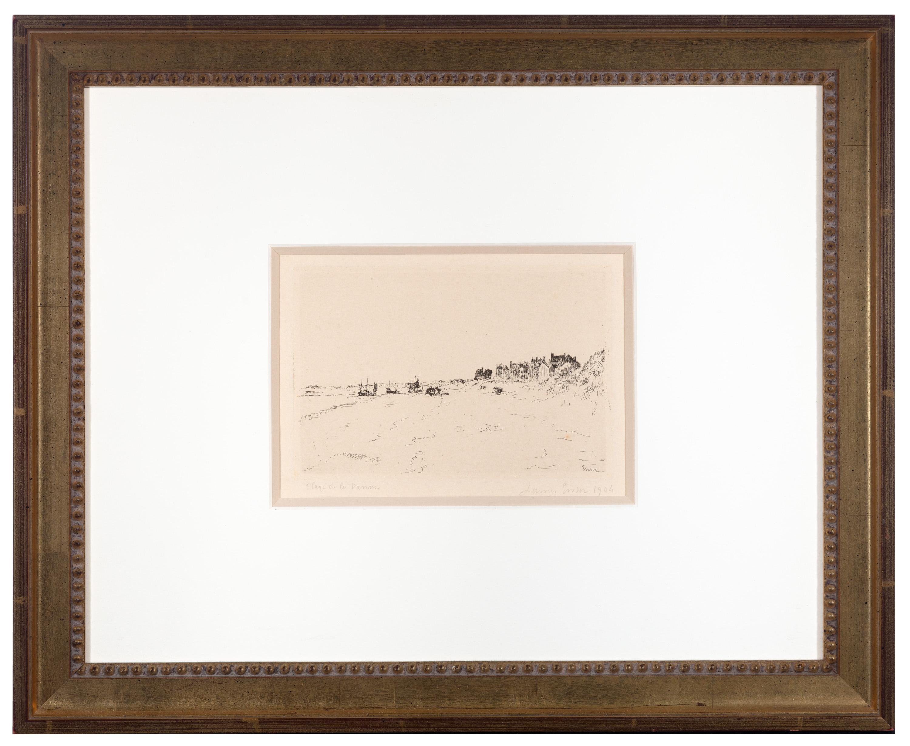 "La Plage de la Panne" is an original etching by James Ensor. The artist signed the piece in plate in the lower right and signed, titled, and dated it below the plate in pencil. This piece depicts a beach with distant shored boats and houses. 

4" x