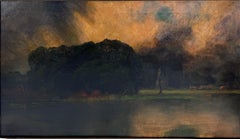 1909 Paisaje al óleo tonalista "Chubascos, Bajo río San Joaquín, California"