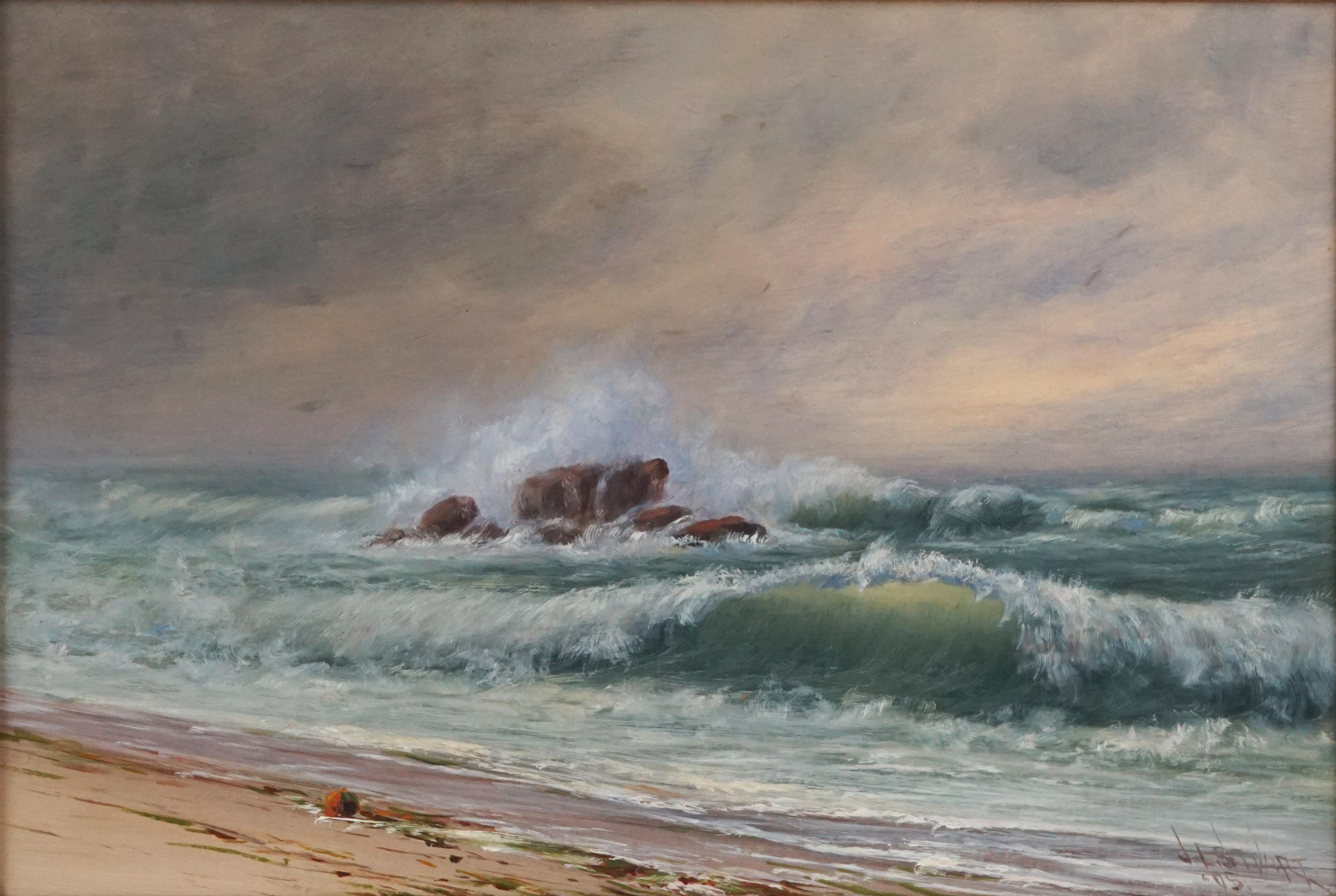 Stunning plein air Northern California seascape by James Everett Stuart (American, 1852-1941), 1895. Signed, dated lower right corner.  Condition: Very Good: previous professional restoration with relining on canvas and inpainting for minor