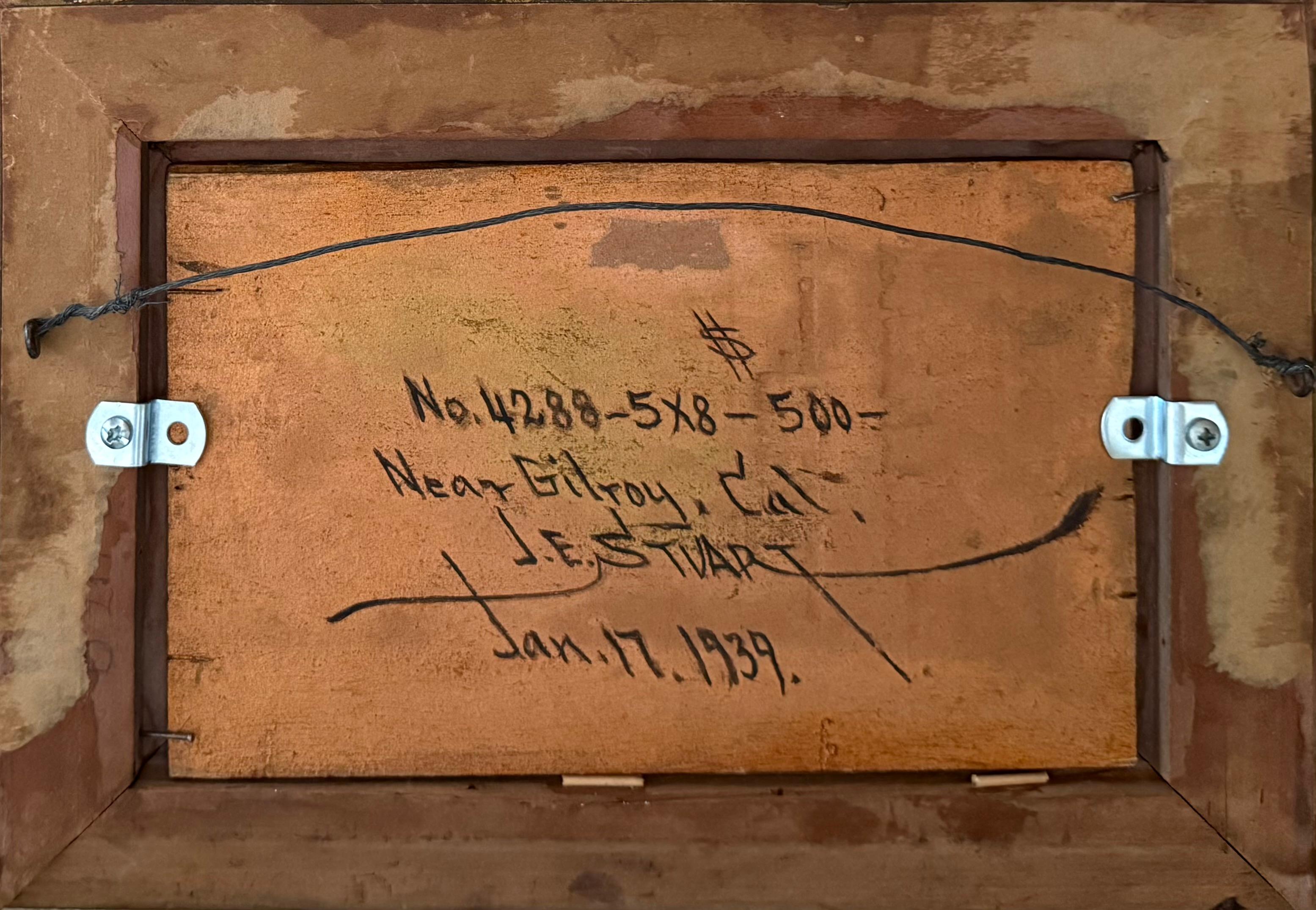 Hermosa puesta de sol cerca de Gilroy, California, obra del conocido artista estadounidense James Everett Stuart.  Firmado, titulado y fechado verso 1939. Pintura al óleo sobre panel de madera. El estado es muy bueno. El cuadro  se encuentra en su