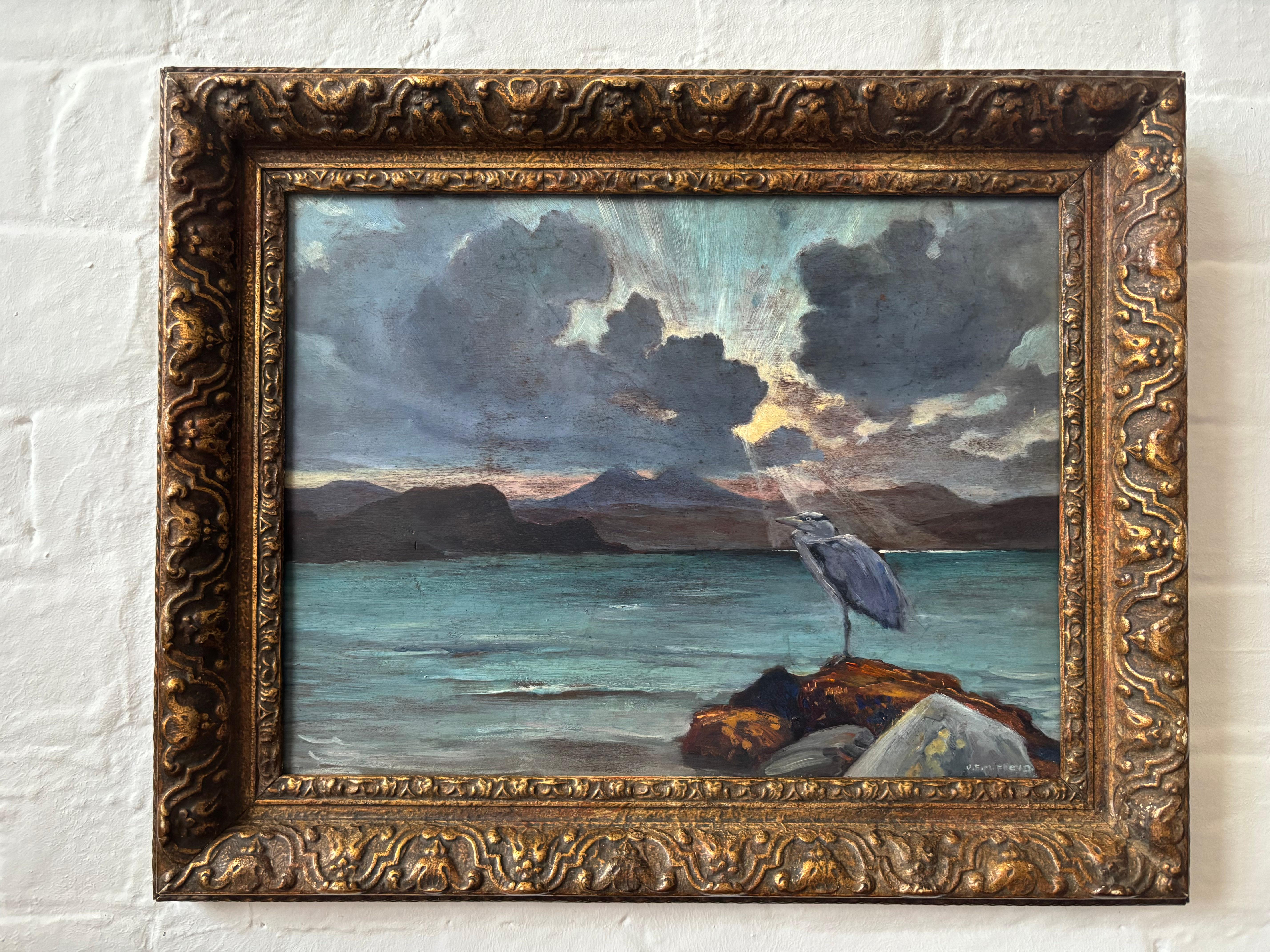 James Floyd, Ein Reiher vor einem Bergsee (Moderne), Painting, von James F M Floyd