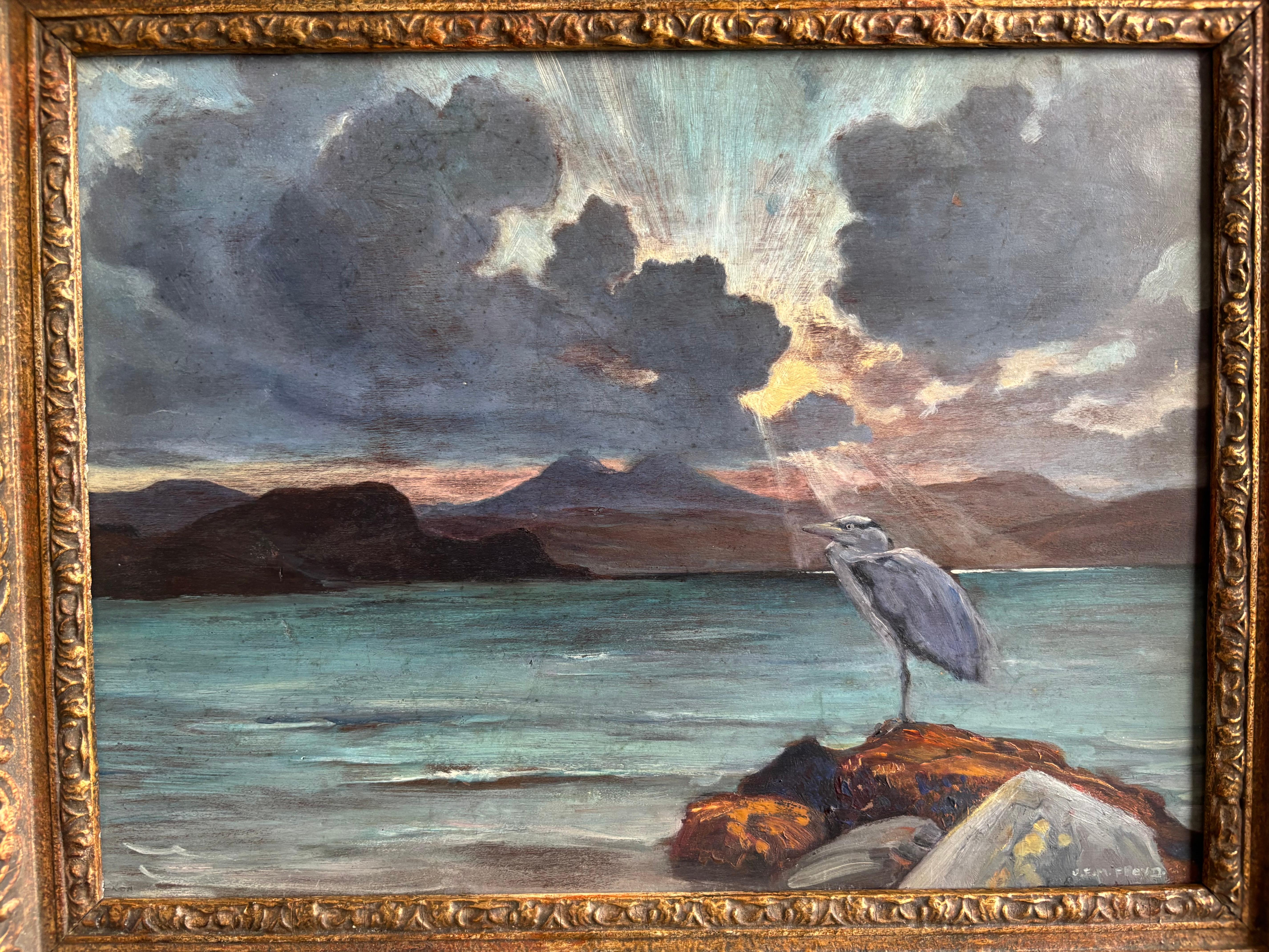 James Floyd, Ein Reiher vor einem Bergsee (Grau), Landscape Painting, von James F M Floyd