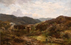 Antique Victorian signed Scottish Oil Painting Cattle on Highlands Summer Path