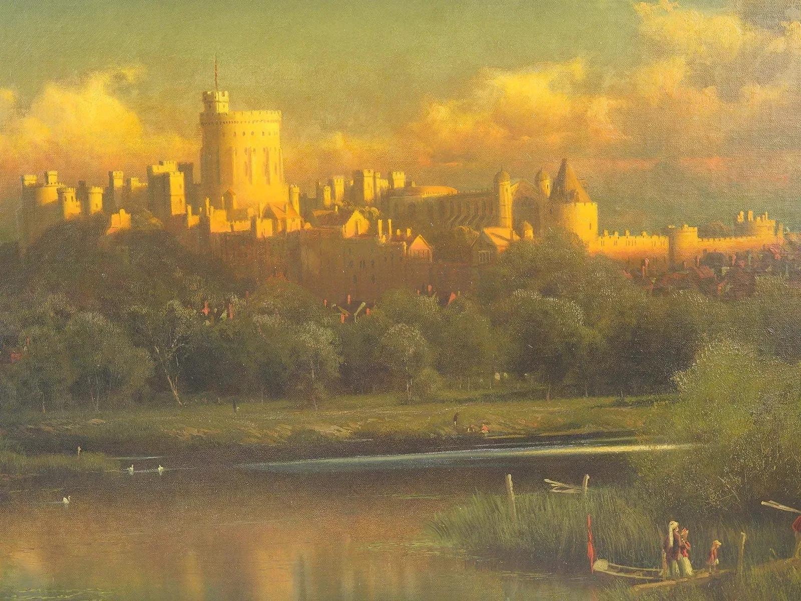 James Fairman, schottisch-amerikanisch, 1826 bis 1904, Gemälde in Öl auf Leinwand. Das Kunstwerk zeigt einen Panoramablick auf das Schloss Windsor. Mit dem Titel Windsor Castle From the River. Signiert unten rechts. Undatiert. Ungerahmt. James