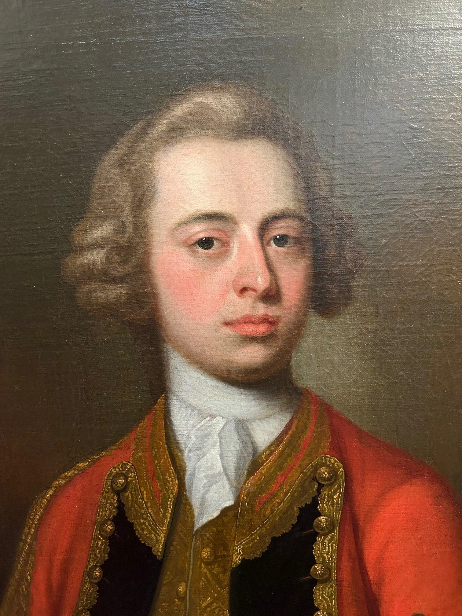 James Fellowes
Blütezeit 1719 - 1750
Porträt von William Henry Kerr, Graf von Ancram, 4. Marquess von Lothian
Öl auf Leinwand, signiert und datiert 1747
Bildgröße: 29 1/2 x 24 1/2 Zoll (75 x 62 cm)
Original vergoldeter Holzrahmen

William Henry Kerr