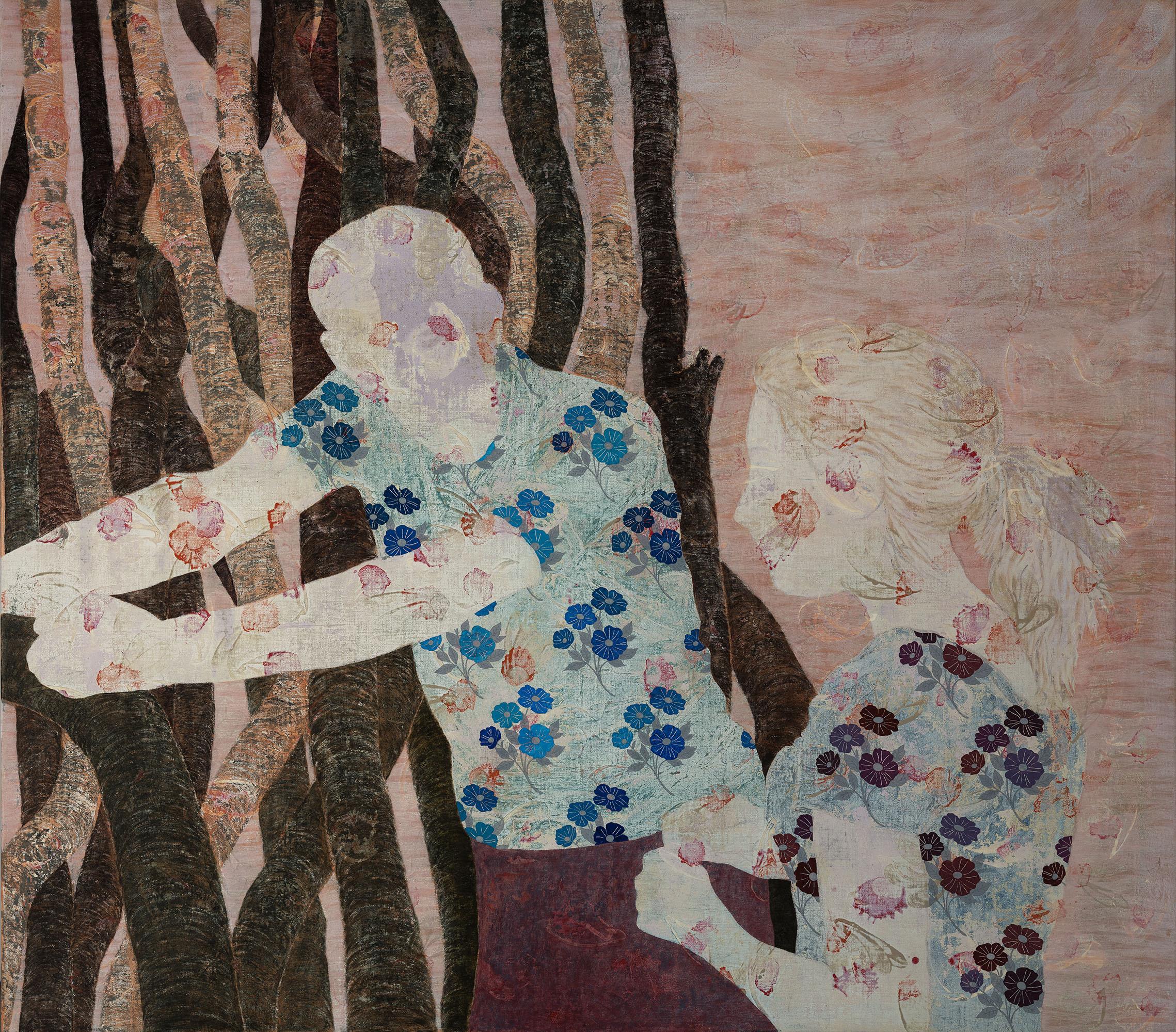 James Fisher's gallery-wrapped oil on linen painting, "Beyond Ice and Night and Fear" looks like a multimedia collage, but it was created entirely with paint. The salmon-pink sky is scored with a knife blade. The bough of the tree in the center of