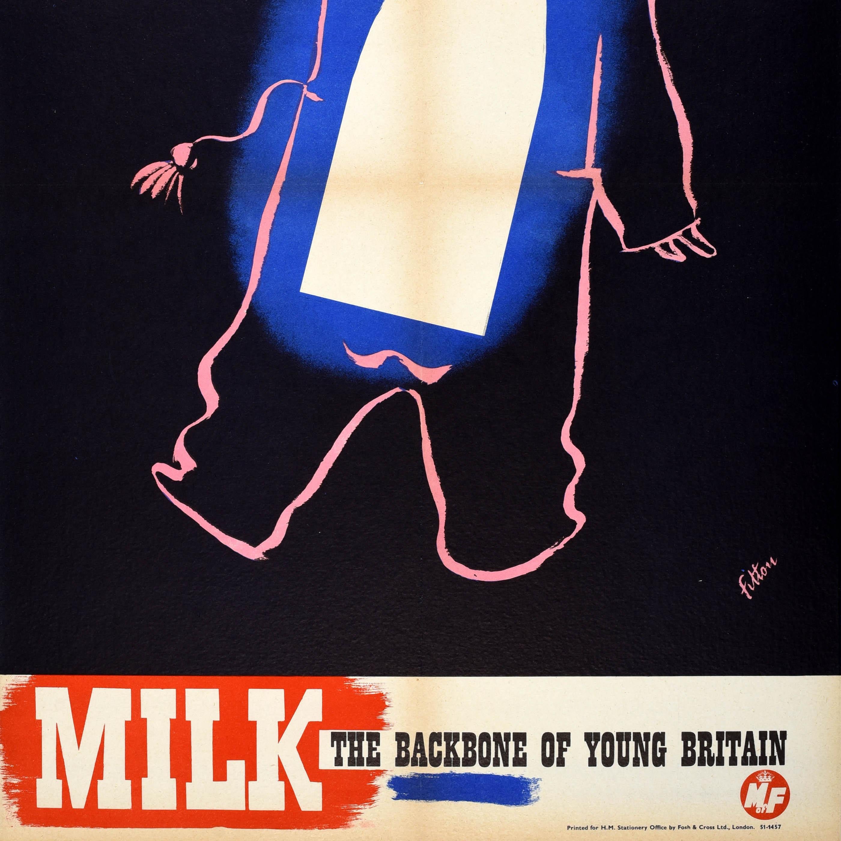 Originales Werbeplakat für Lebensmittel und Getränke, herausgegeben vom Ministerium für Ernährung - Milk The Backbone of Young Britain - mit einem großartigen Design von James Fitton (1899-1982), das den rosa Umriss eines Jungen zeigt, der eine