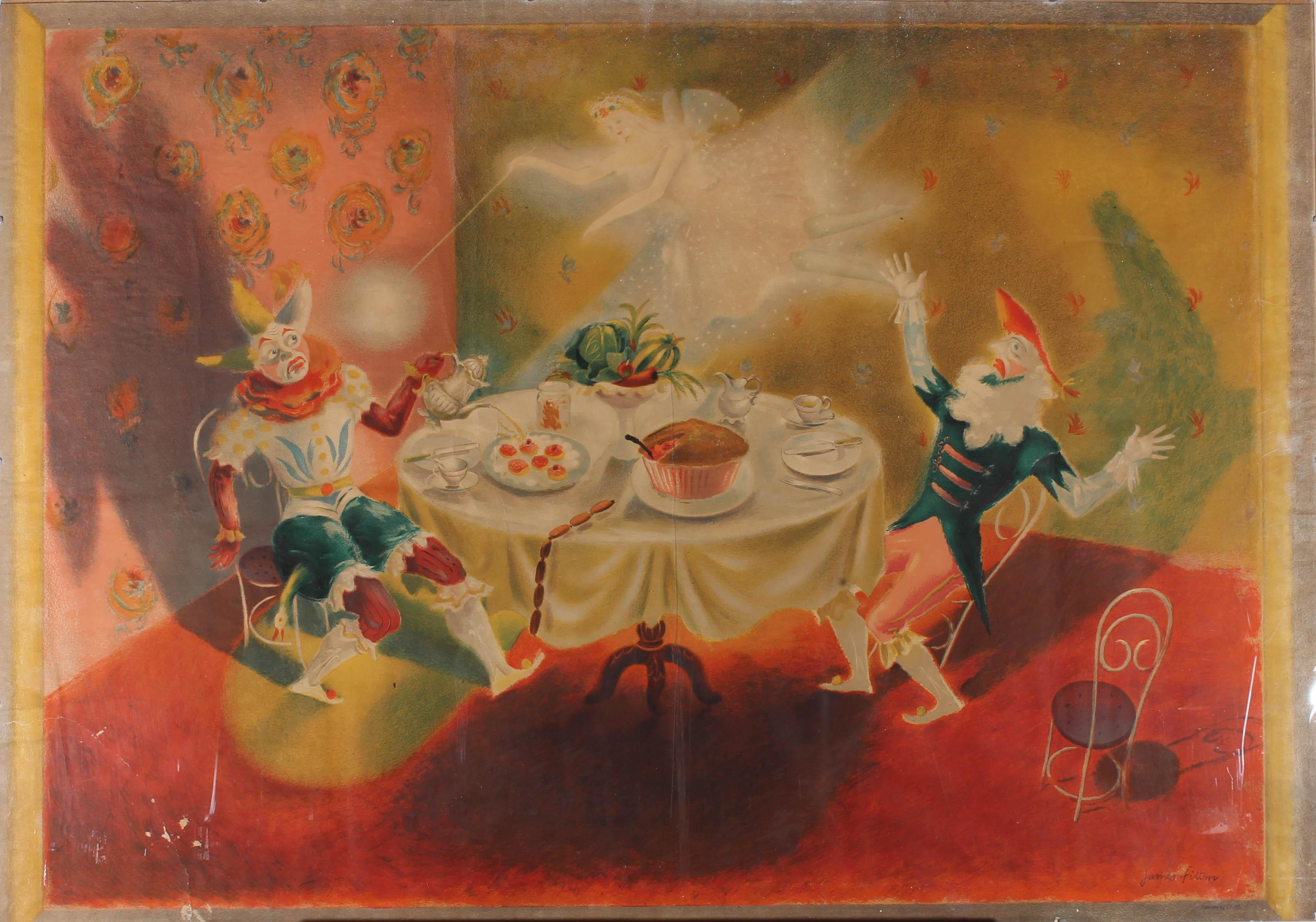 A dynamic and vibrant chromolithograph showing a darkly humorous scene from a pantomime with absurd and grotesque clowns at a dinner table, reeling back in shock as a beautiful fairy waves her wand above them. The artist has signed in print to the