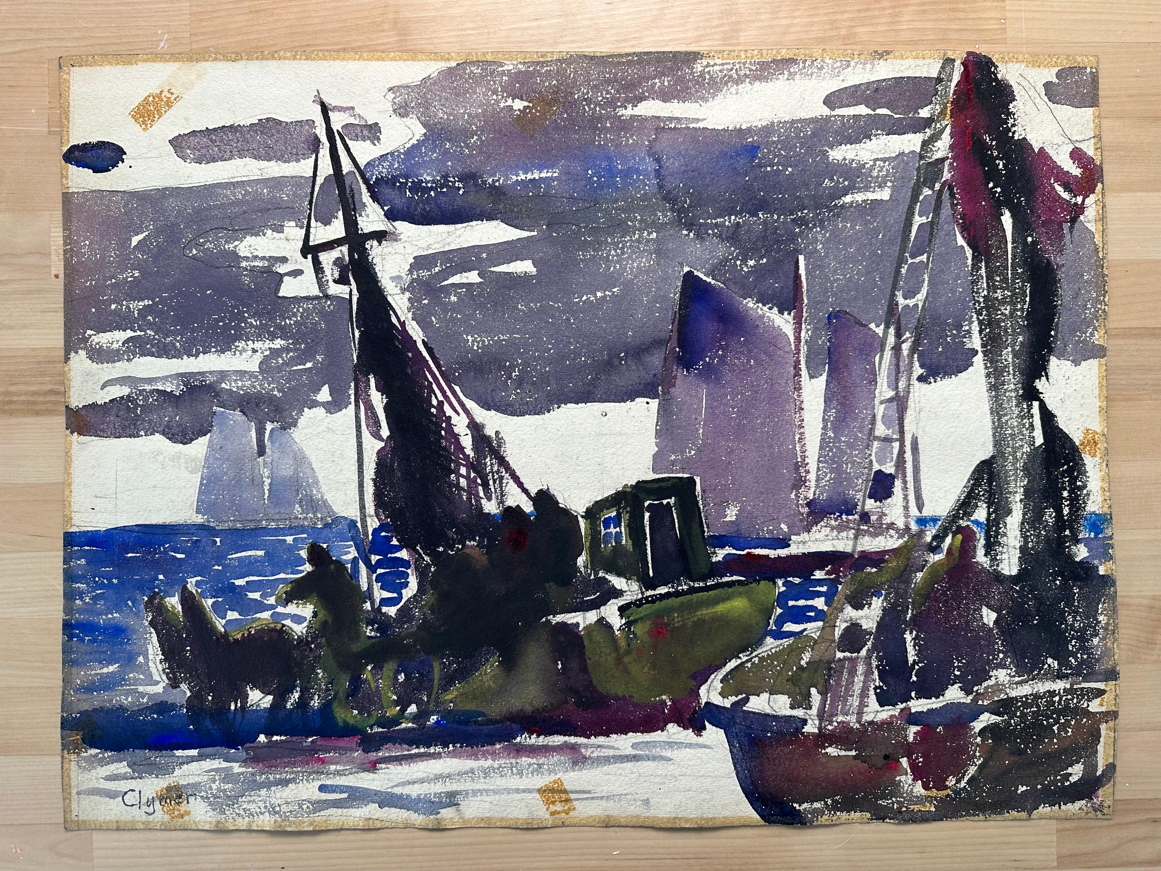 Fishing Boat in Storm (double-sided) - Gray Abstract Painting by James Floyd Clymer