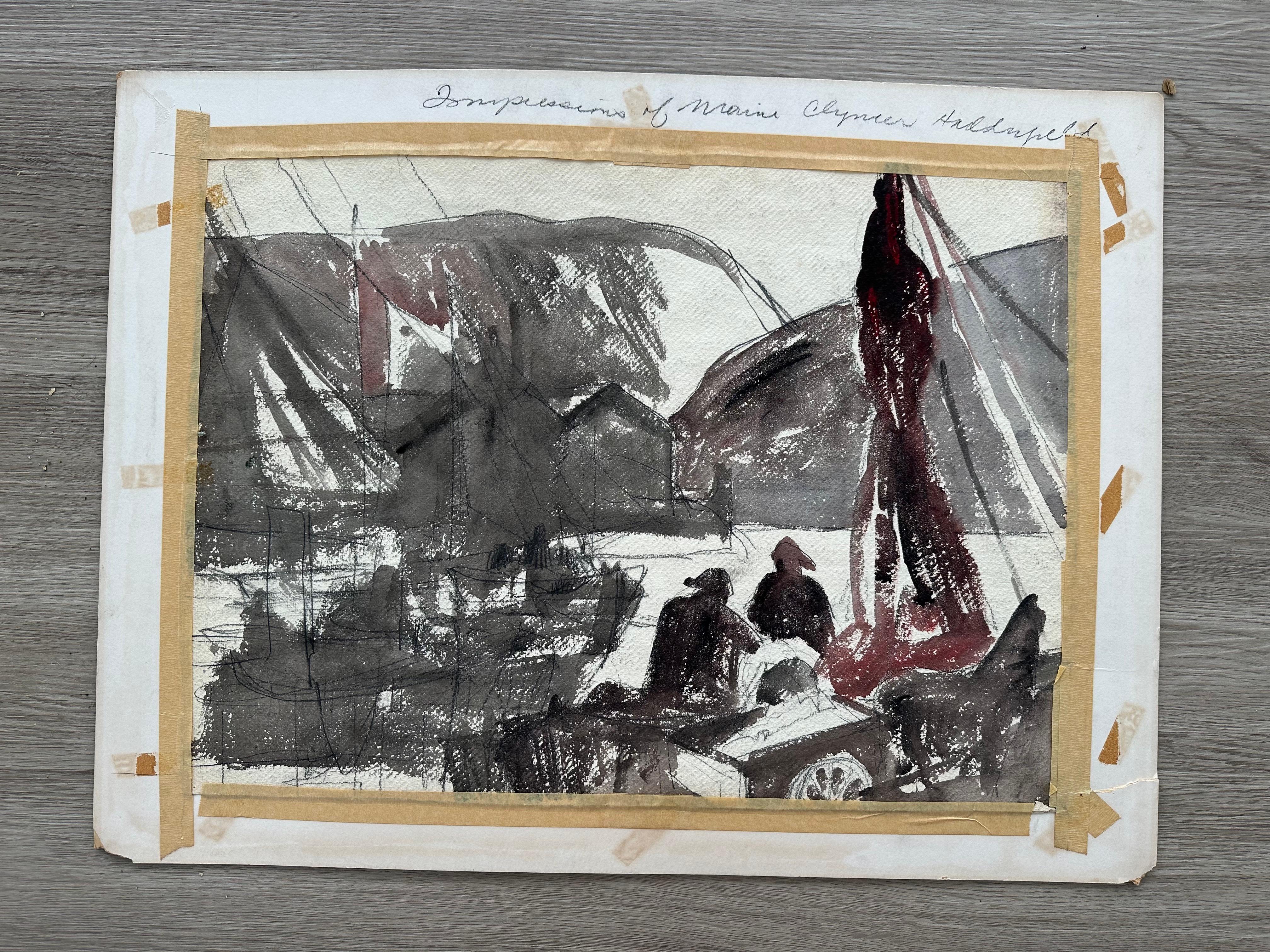 James Floyd Clymer (1893-1982), vers 1930. Aquarelle et crayon sur papier mesure 15 x 20,5  pouces. Signé dans la marge inférieure. 

James Floyd Clymer ( 1893-1982 ), connu pour son style régionaliste de paysages terrestres, maritimes et urbains, a