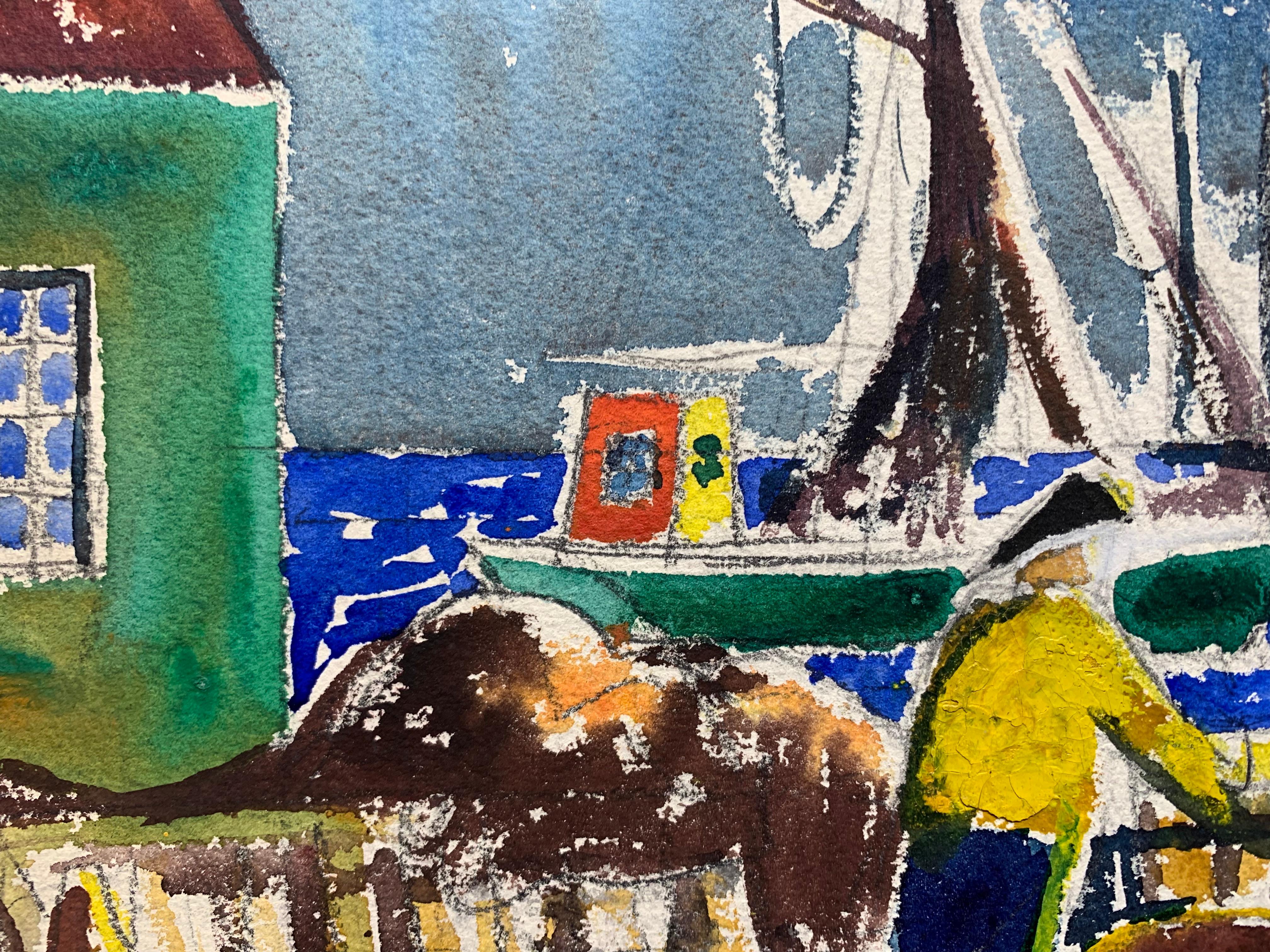 Belle peinture abstraite de l'artiste américain James Floyd Clymer (1893-1982). Docks, lever de soleil, ca.1930. L'aquarelle et le crayon sur papier mesurent 16 x 21 pouces. Signé dans la marge inférieure. 

Déchirure et zone de perte avec trou dans