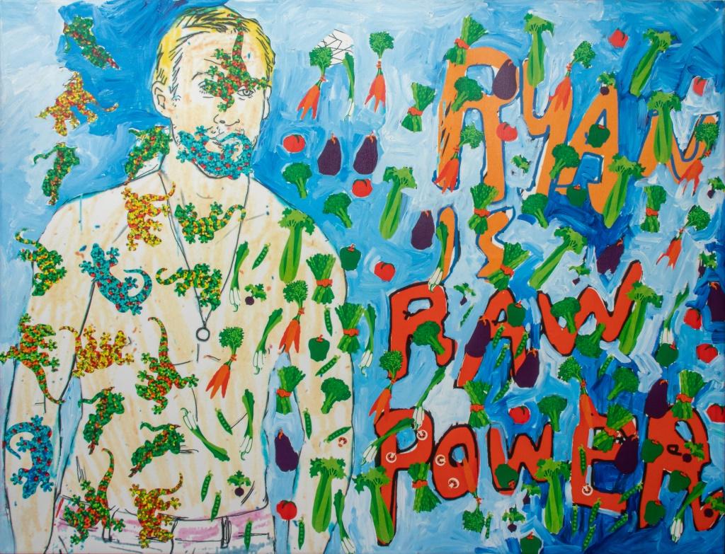 James Franco (americano, nato nel 1978), "Coloring Book", olio su tela stampata in digitale, 2015, raffigurante un ritratto di Ryan Gosling (canadese, nato nel 1980) con verdure e lucertole, testo "RYAN IS RAW POWER" a destra, firmato "Franco" e