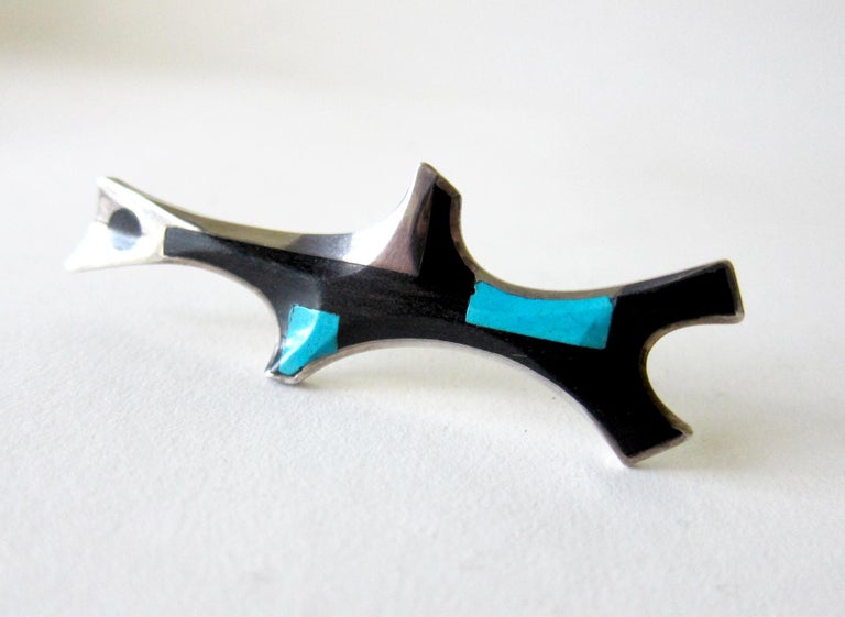 Mixed Cut James Frappe Sterling Silver Turquoise American Modernist Brooch For Sale