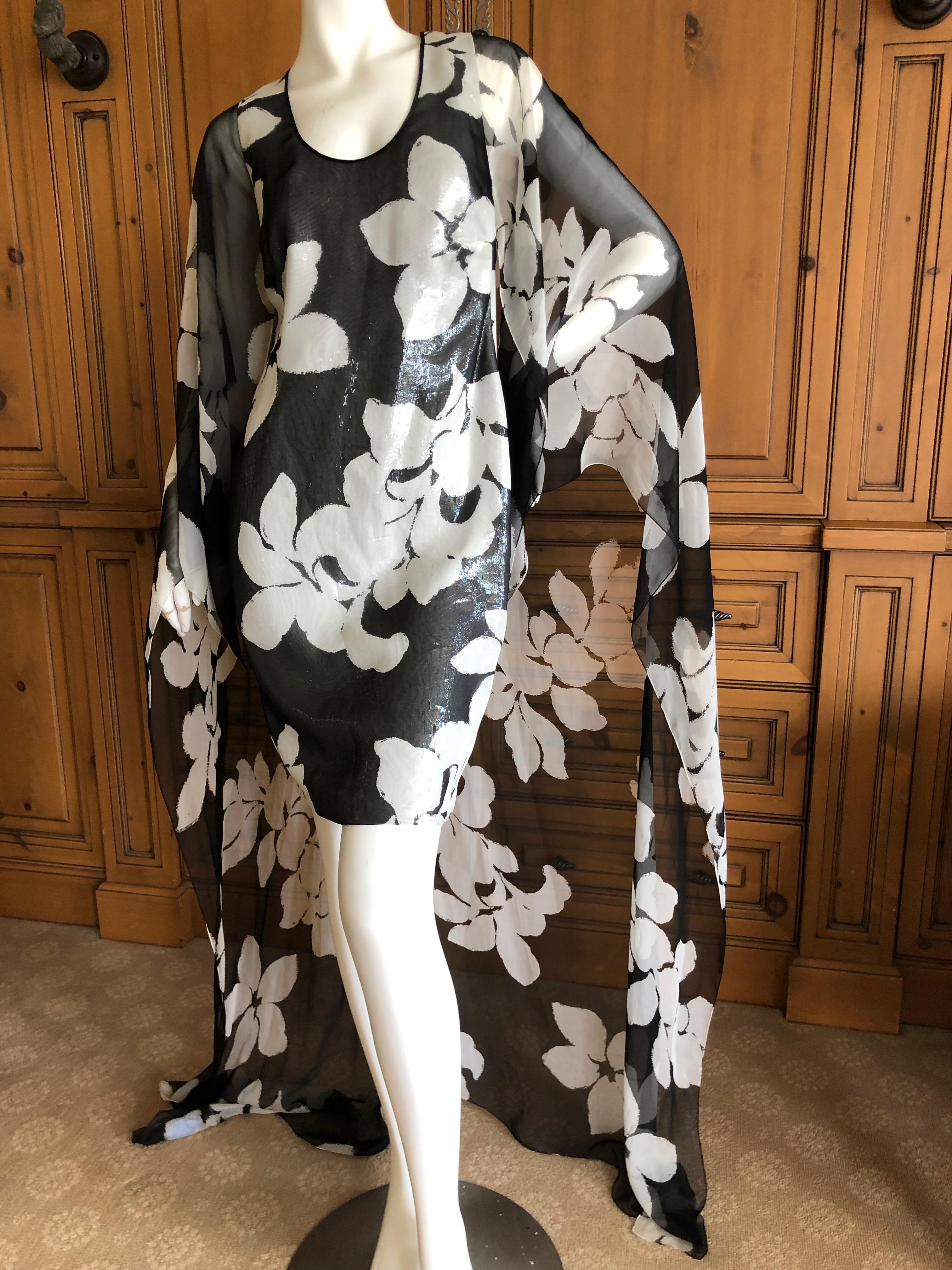 James Galanos 1980's Metallic Floral Backless Mini Dress w Twin Trailing Capes
This is so great, all shiny metallic floral, much prettier in movement.
 Size 8, no size lable
 Bust 34