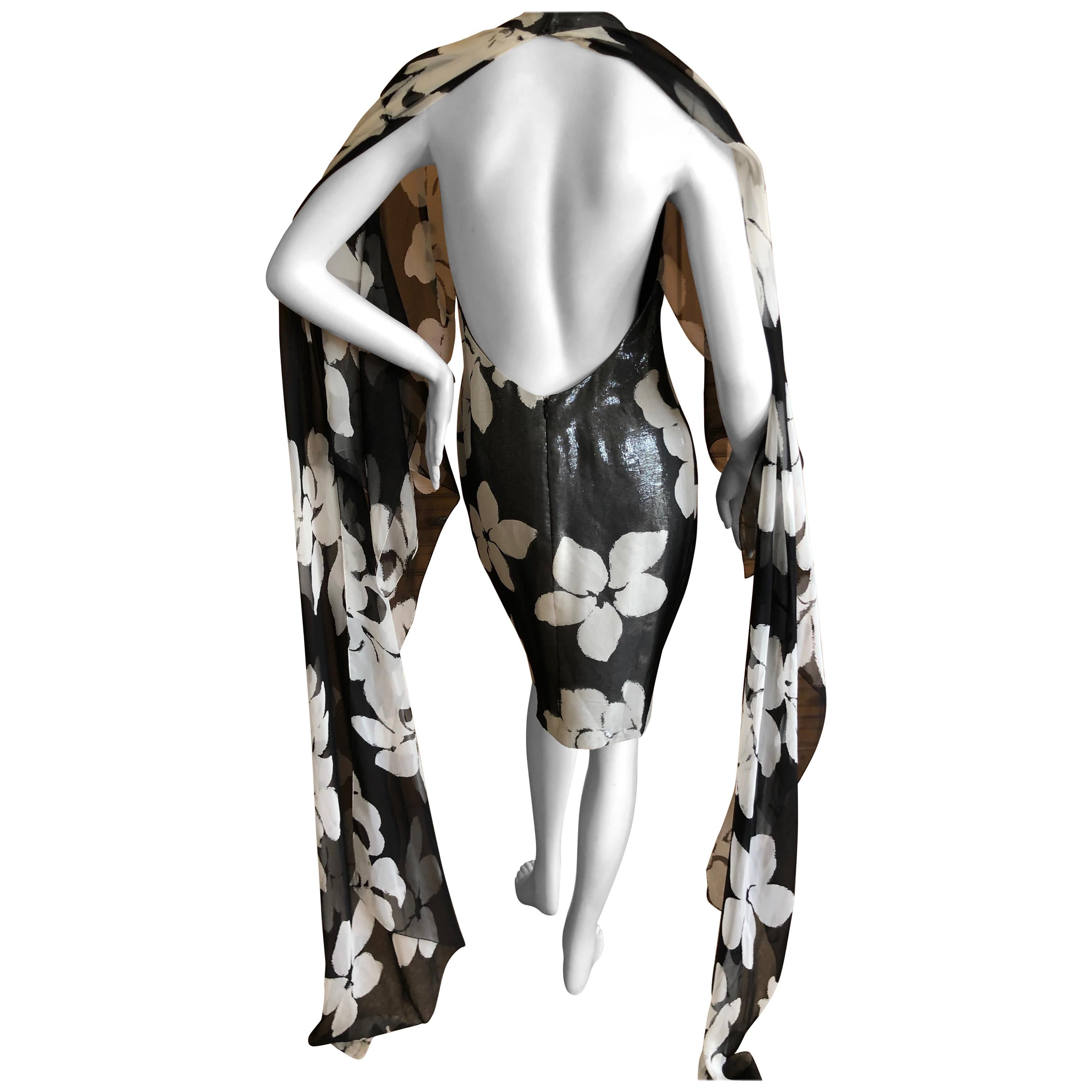 James Galanos 1980's Metallic Floral Backless Mini Dress w Twin Trailing Capes For Sale