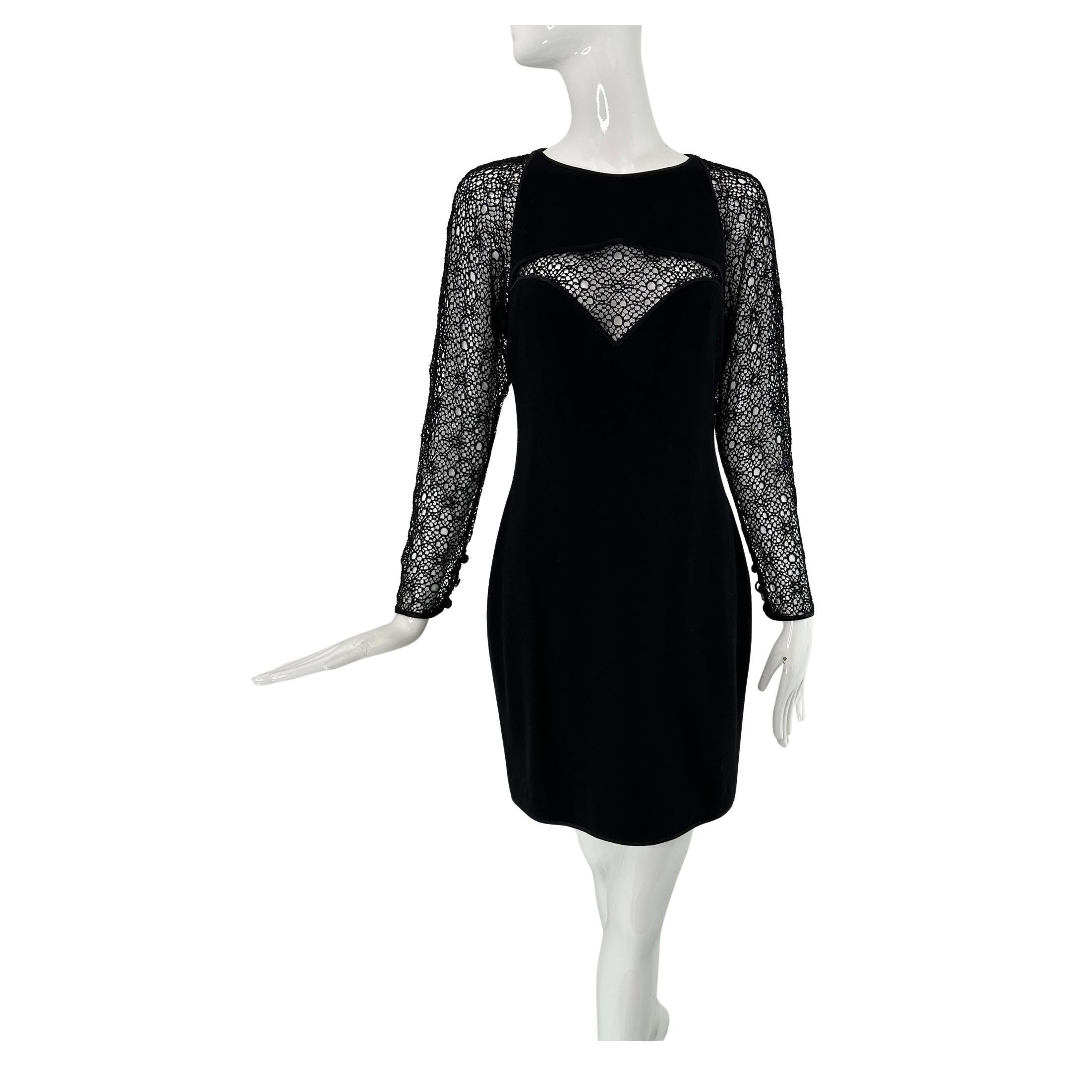 James Galanos Black Crepe & Crochet Sleeves & Peek a Boo Decolletage  1980s