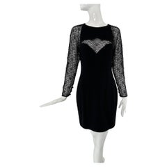 James Galanos Black Crepe & Crochet Sleeves & Peek a Boo Decolletage  1980s