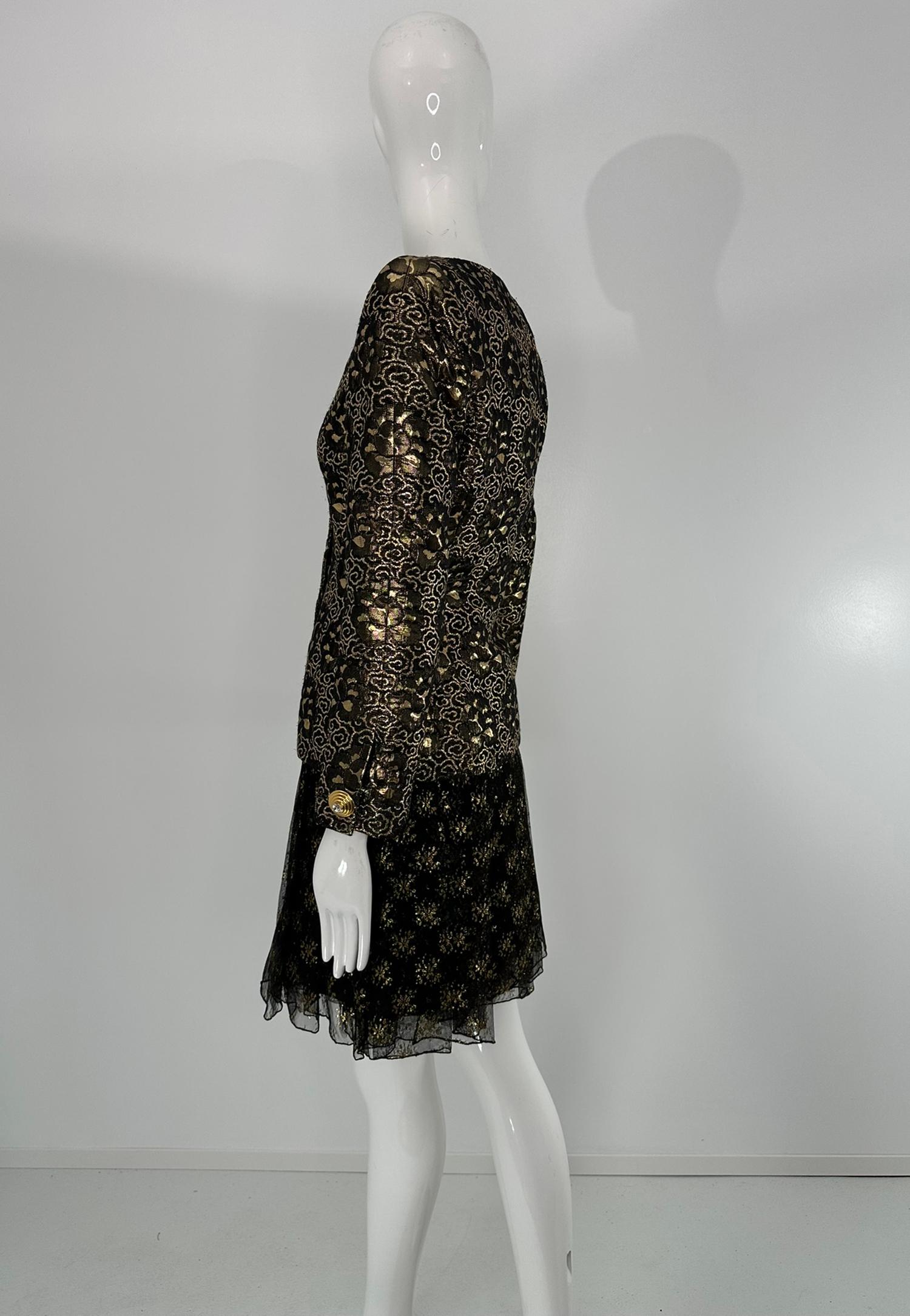 James Galanos Ensemble veste en brocart noir et or et jupe en mousseline noire et soie or en vente 5