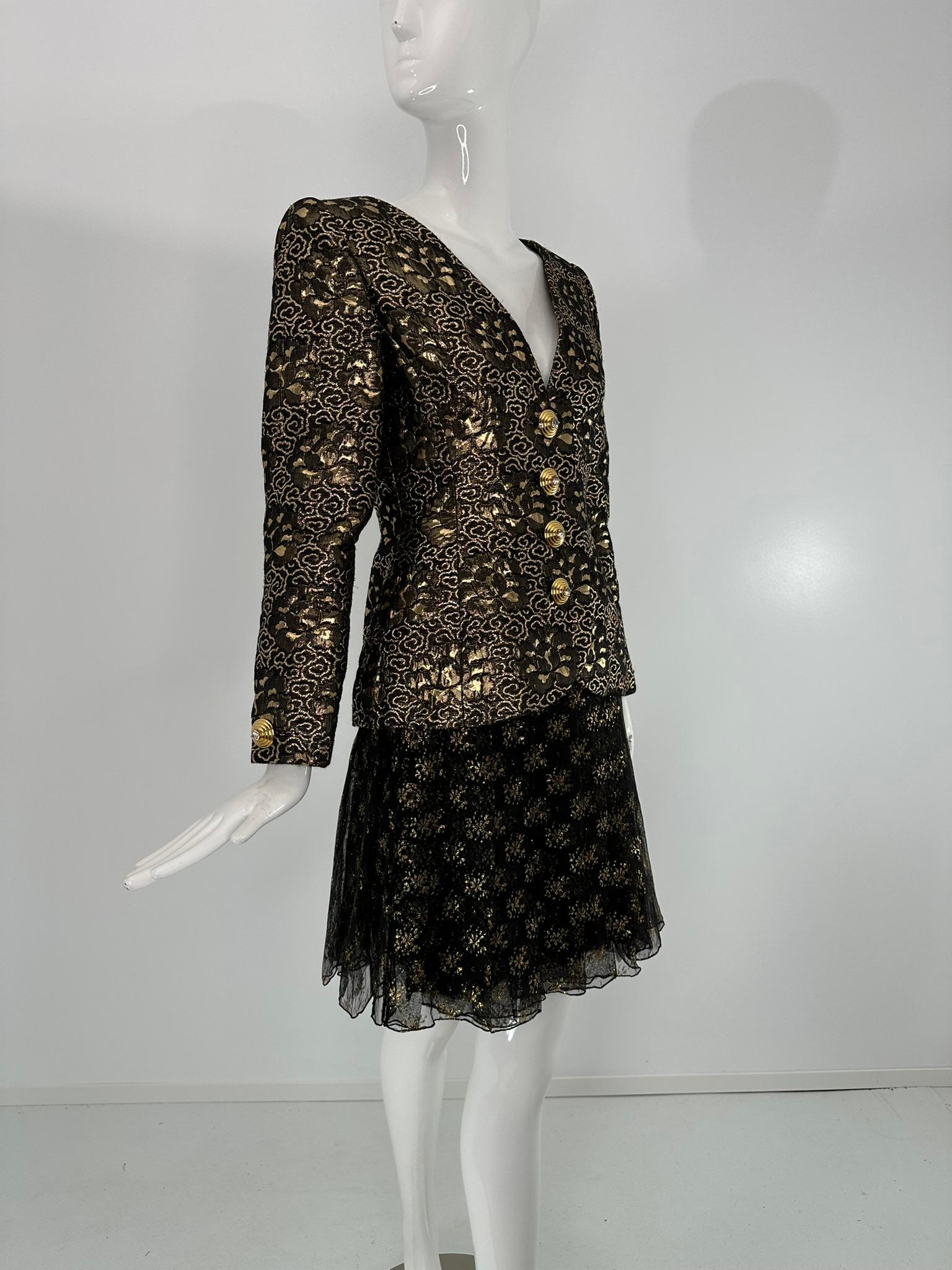 James Galanos Ensemble veste en brocart noir et or et jupe en mousseline noire et soie or en vente 10