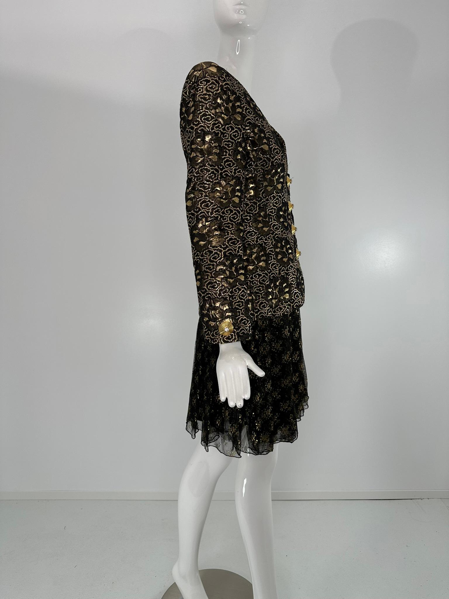 Noir James Galanos Ensemble veste en brocart noir et or et jupe en mousseline noire et soie or en vente