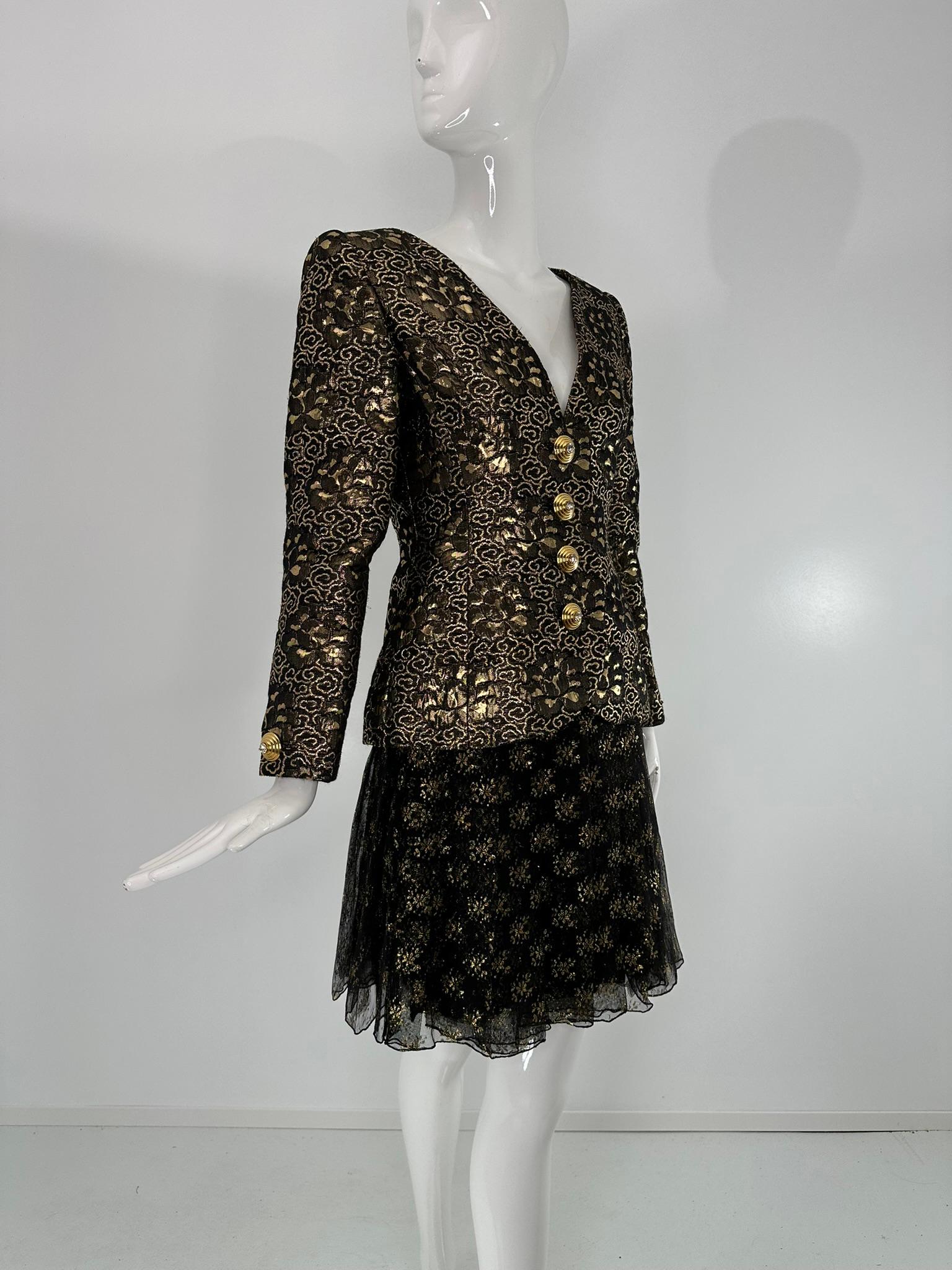 James Galanos Ensemble veste en brocart noir et or et jupe en mousseline noire et soie or Bon état - En vente à West Palm Beach, FL