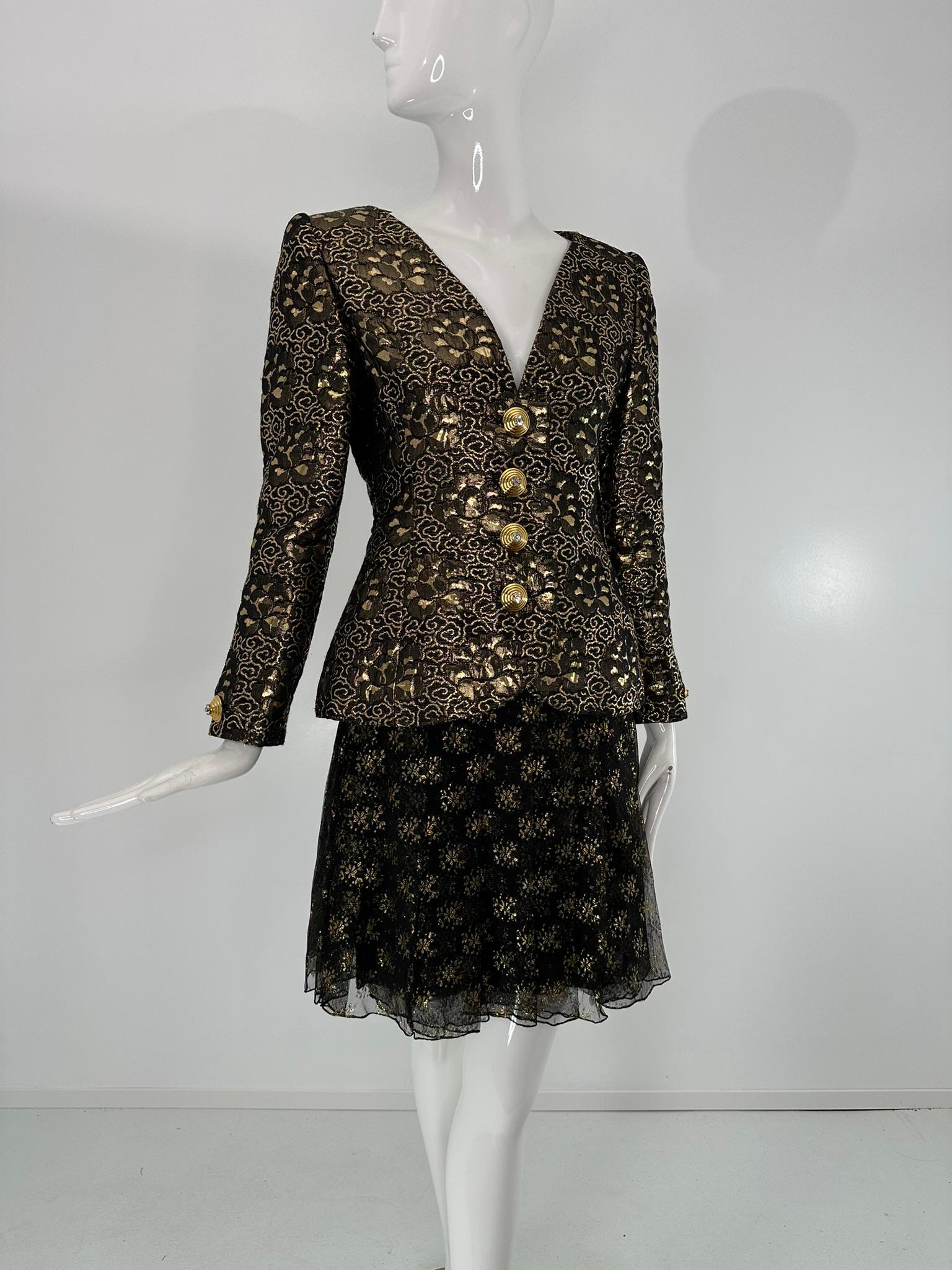 James Galanos Ensemble veste en brocart noir et or et jupe en mousseline noire et soie or Pour femmes en vente