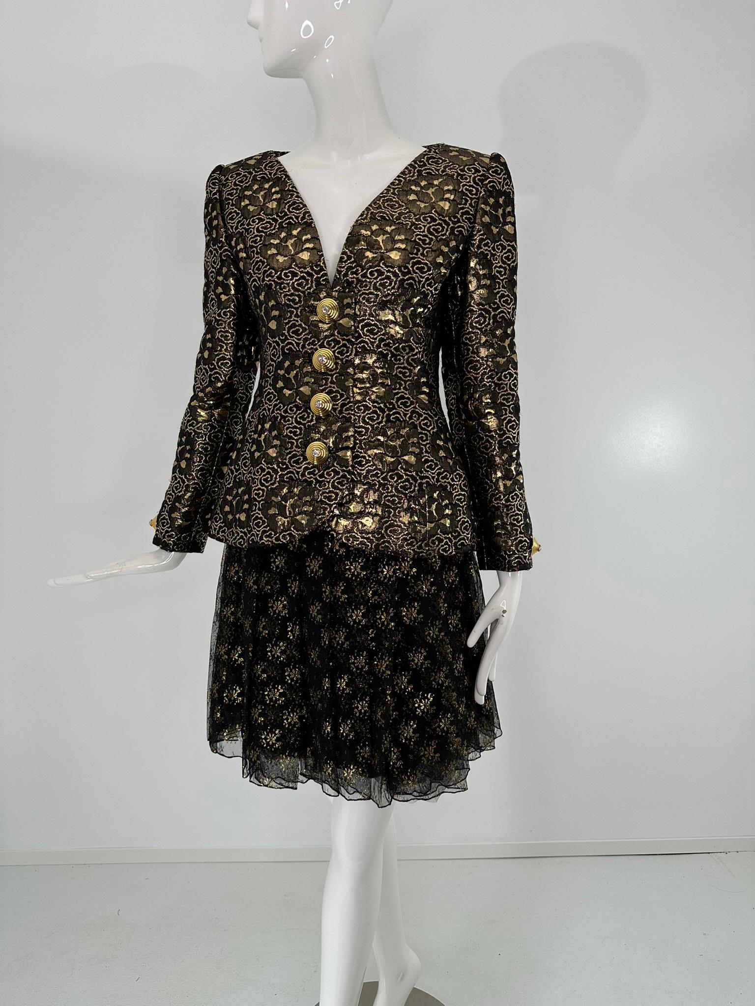 James Galanos Ensemble veste en brocart noir et or et jupe en mousseline noire et soie or en vente 1