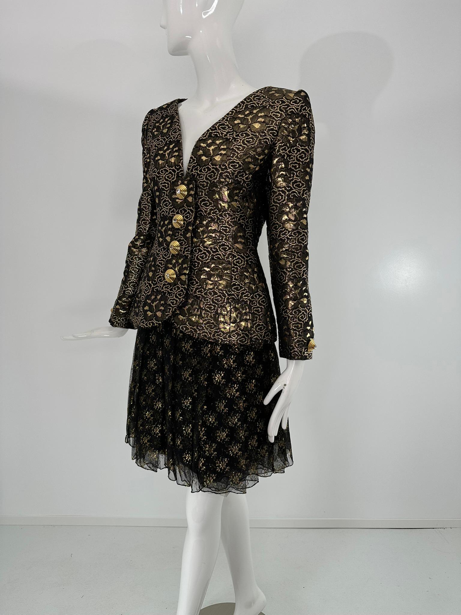 James Galanos Ensemble veste en brocart noir et or et jupe en mousseline noire et soie or en vente 2